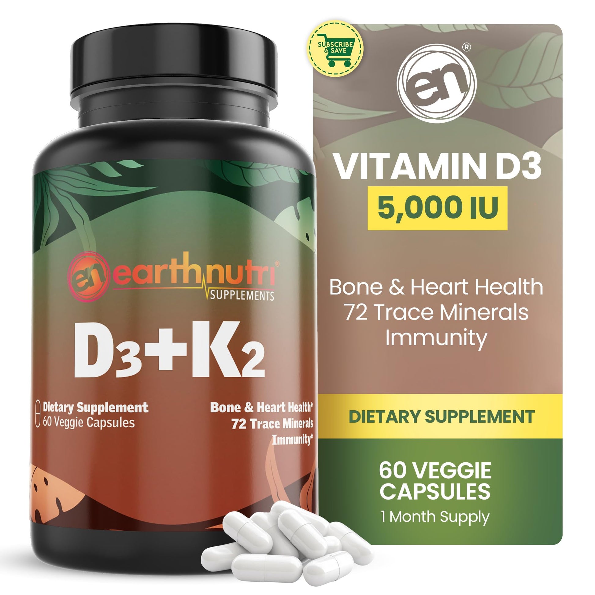 EarthNutri Vitamin D3 Plus K2 Capsule, 60 Count