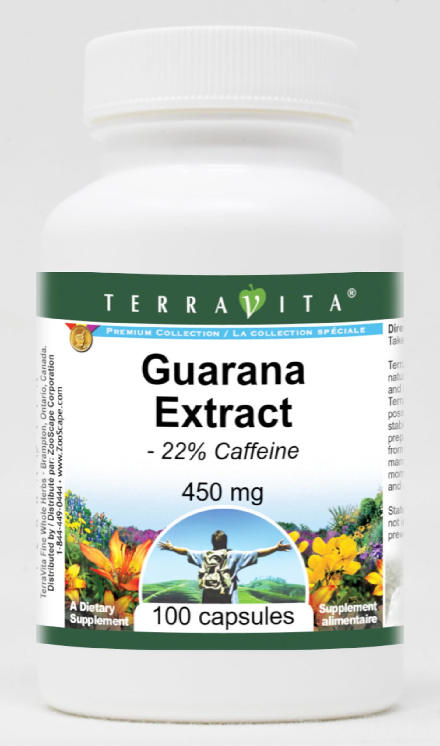 Terravita Guarana Extract - 22% Caffeine - 450 mg Capsule, 100 Count