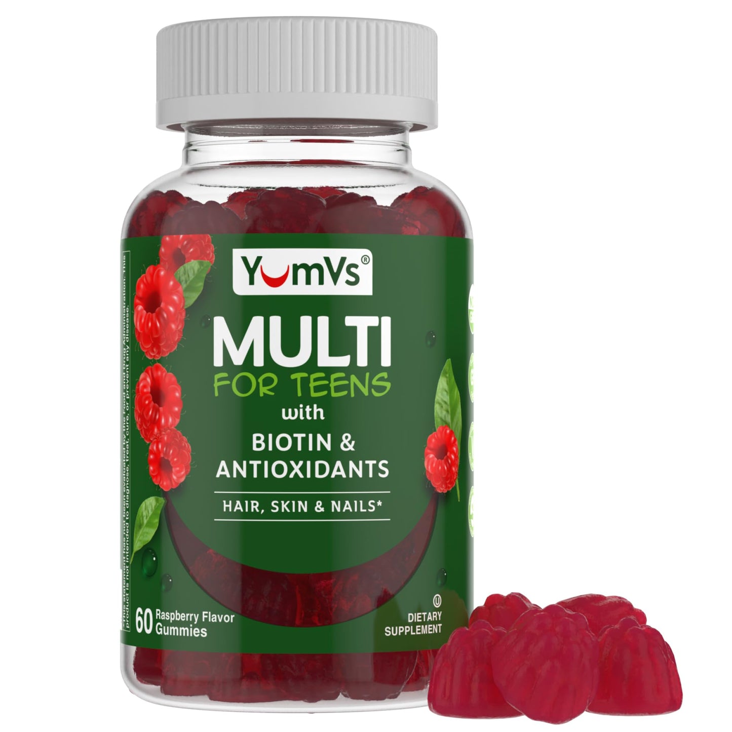 YUM-V'S Teen Multivitamin Gummies with Biotin & Antioxidants – Raspberry Flavor – Hair, Skin & Nails Support – Kosher Gummies for Teens 12–17, 60 Count