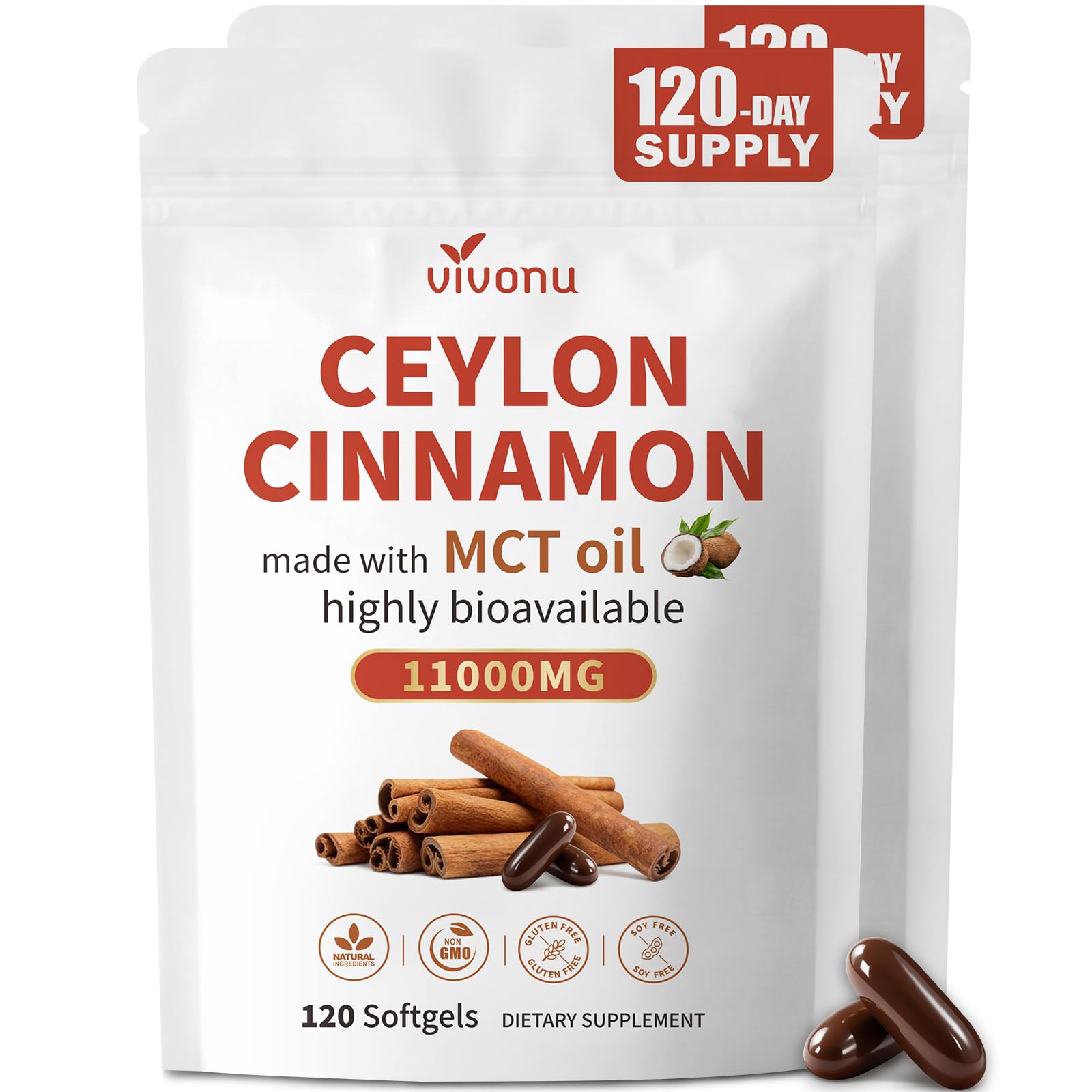 VivoNu 2-in-1 Organic Ceylon Cinnamon with MCT Oil Softgels, 240 Softgels