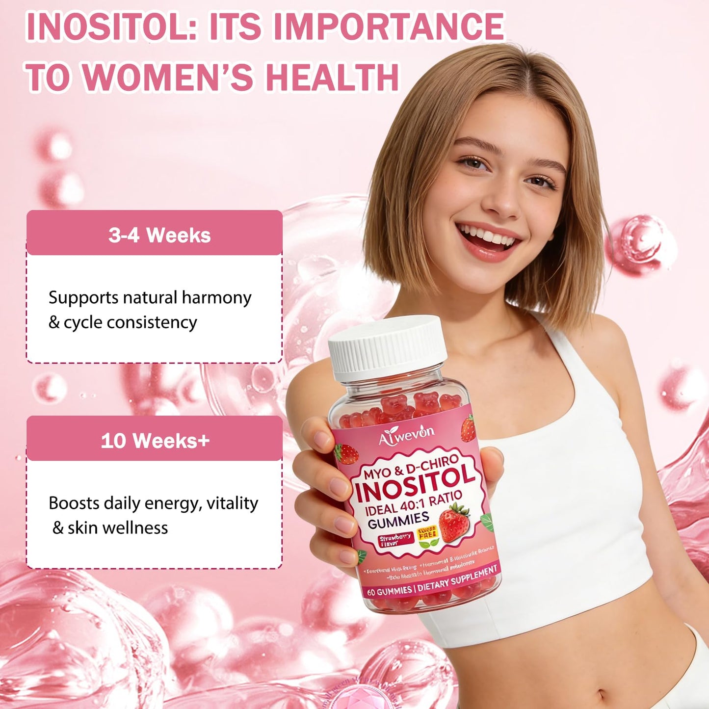 Aiwevon Myo-Inositol & D-Chiro Inositol Gummies 40:1 Ratio – Hormone Balance Supplement for Women – Ovarian & Fertility Support with Vitamins – Myo-Chiro Inositol Gummies for Women's Health, 60 Count