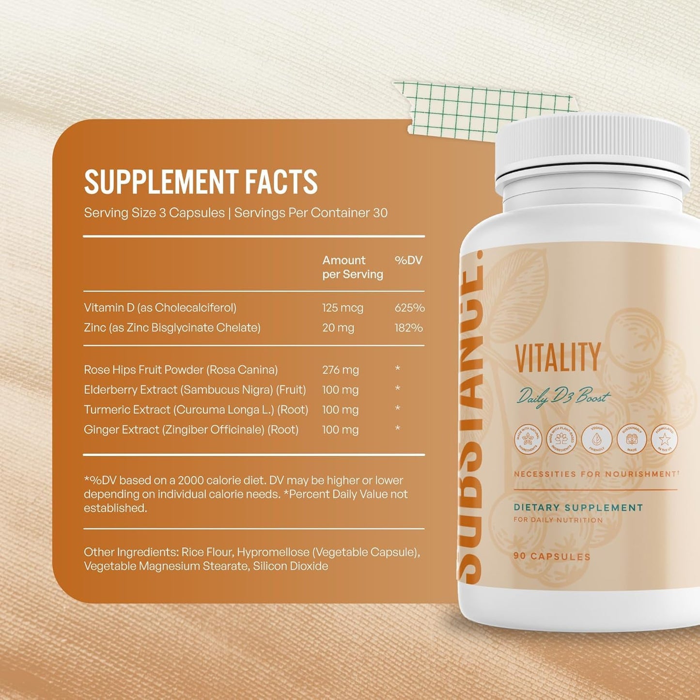 SUBSTANCE Nature’s Vitality Daily D3 Boost Supplement with Vitamin D3, Zinc, Elderberry, Turmeric & Ginger - Immune Support & Bone Health, 90 Capsules