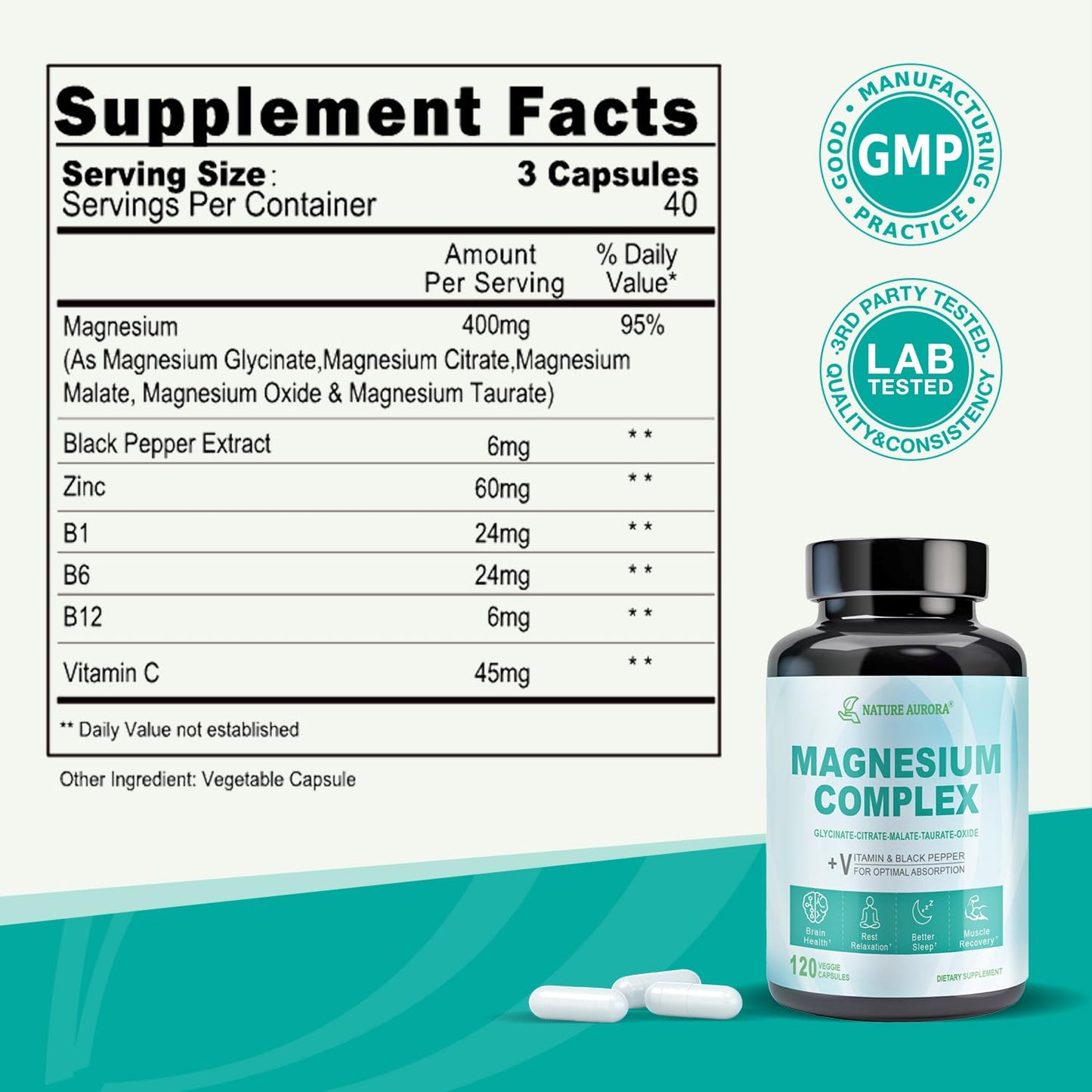 Nature Aurora Magnesium Complex Supplement Capsules 120 Count