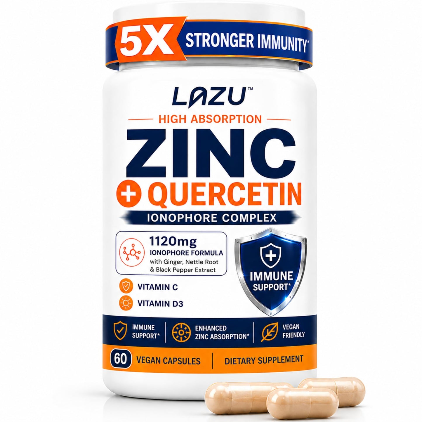 LAZU Zinc Supplements 5X Stronger Immunity, Quercetin, Vitamin C & D3, 60 Capsules