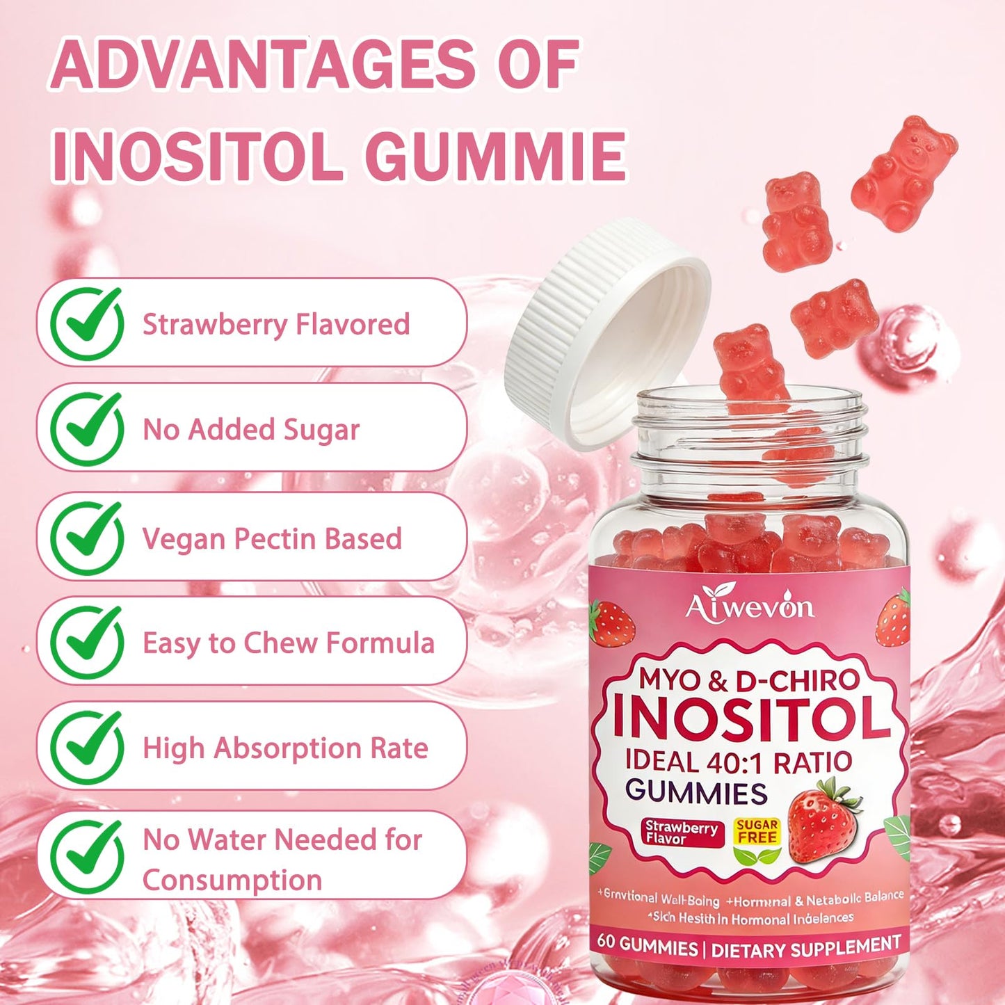 Aiwevon Myo-Inositol & D-Chiro Inositol Gummies 40:1 Ratio – Hormone Balance Supplement for Women – Ovarian & Fertility Support with Vitamins – Myo-Chiro Inositol Gummies for Women's Health, 60 Count
