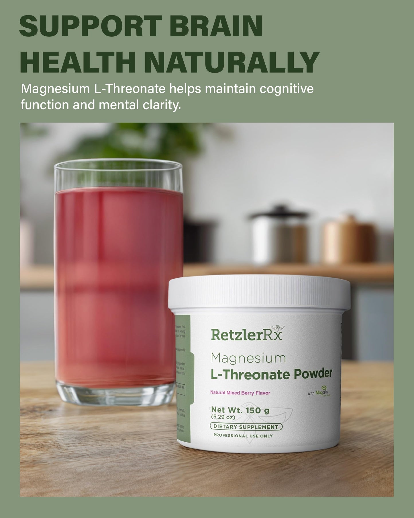 HormoneSynergy Magnesium L-Threonate Powder with Magtein - Brain-Supporting Magnesium Threonate Complex - Mixed Berry, Gluten-Free Supplement for Cognitive Health - 5.29 Ounce