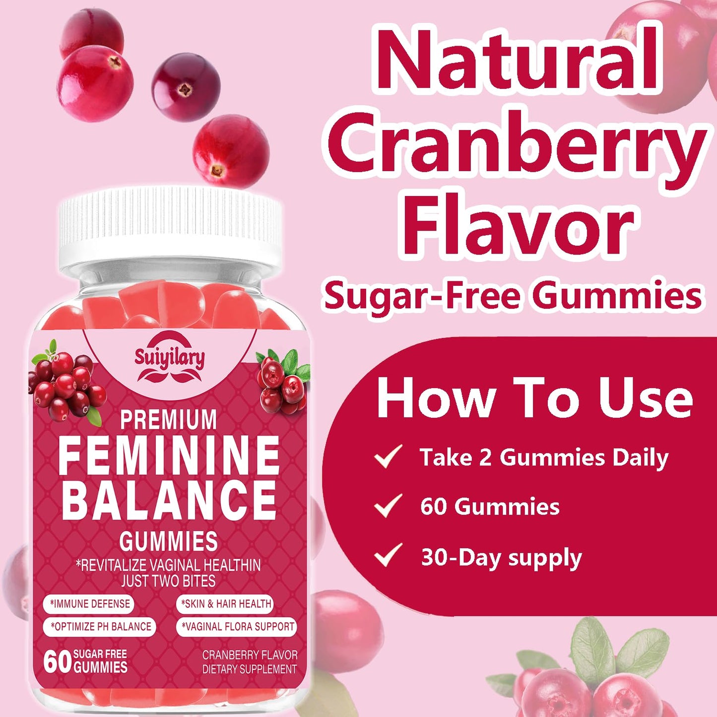 Suiyilary Feminine Probiotics Gummy Cranberry 60 Count