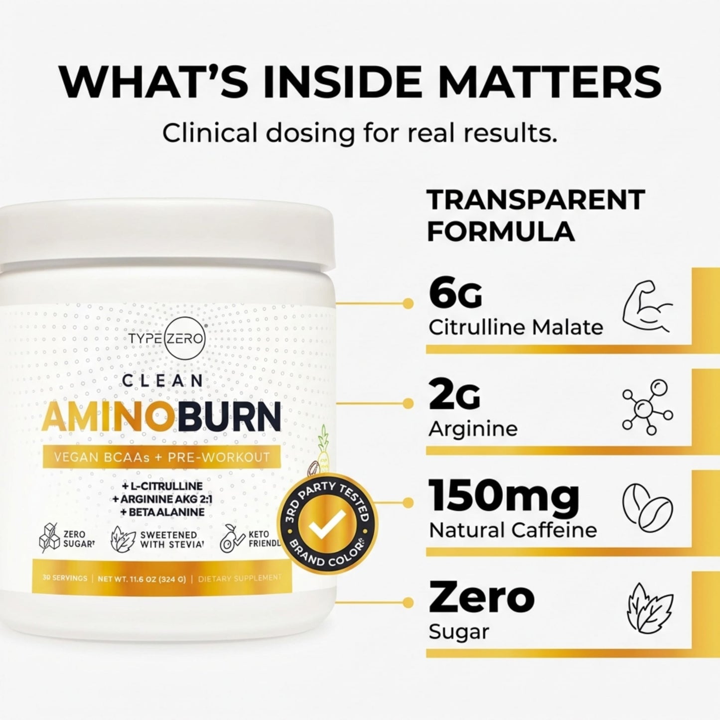 Type Zero Amino Burn Vegan BCAAs + Pre-Workout Pina Colada Flavored Powder 11.6 Ounce