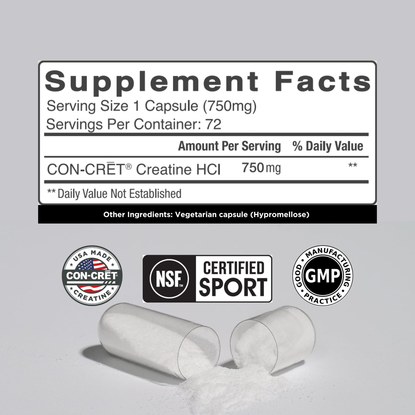 CON-CRET Creatine HCl Capsules, 72 Count