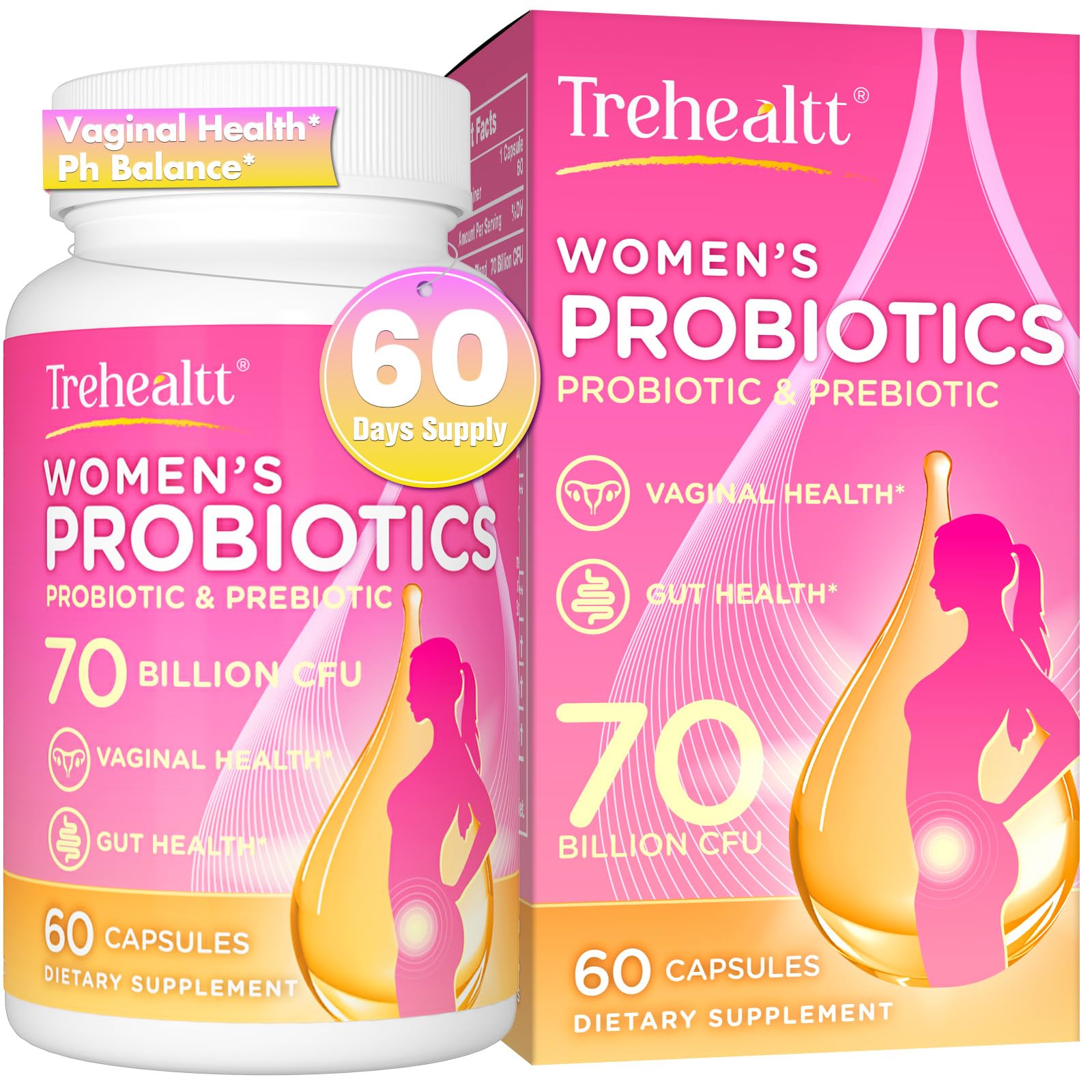 Trehealtt Vaginal Probiotics Capsule, 70 Billion CFUs, PH Balance with Probiotic & Prebiotic, 60 Count