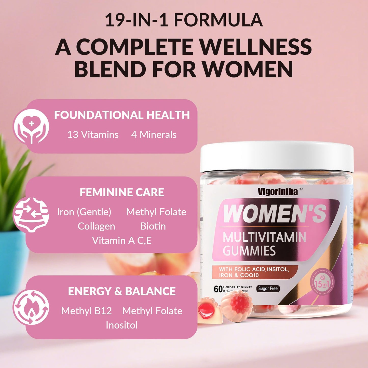 Vigorintha Sugar Free Women's Multivitamin Gummies with 19 Vitamins & Minerals, Iron, Calcium, Folate, Biotin, Inositol – Vegan, Natural Peach Flavor, 120 Count