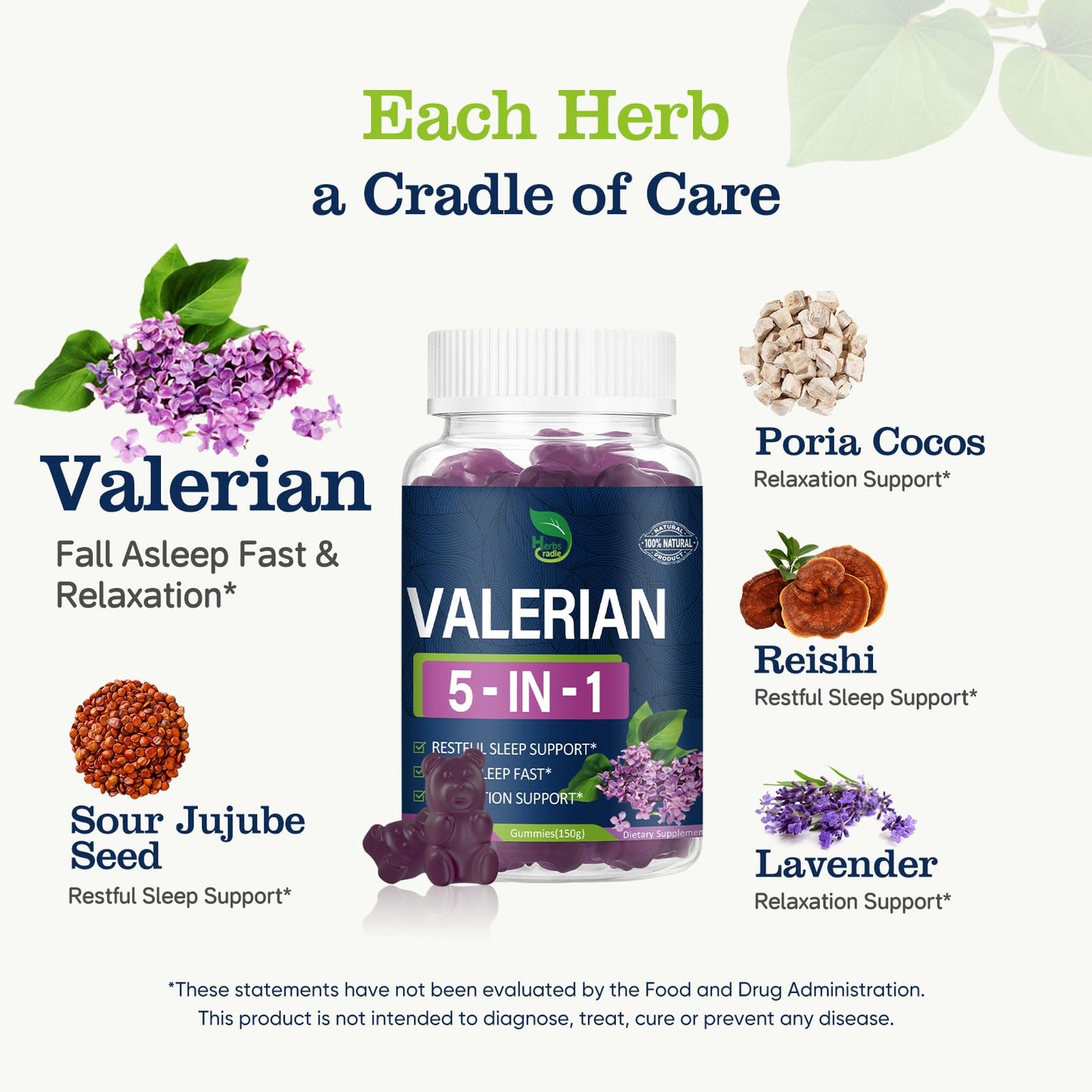 Herbscradle Valerian Root Gummies for Sleep Support, 5-in-1 Herbal Blend, 60 Count