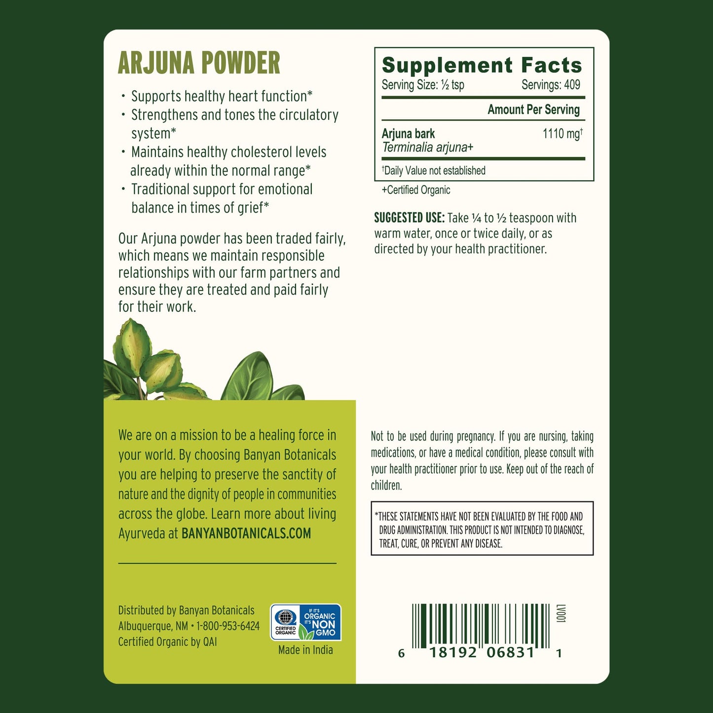 Banyan Botanicals Arjuna Bark Powder, 16 oz