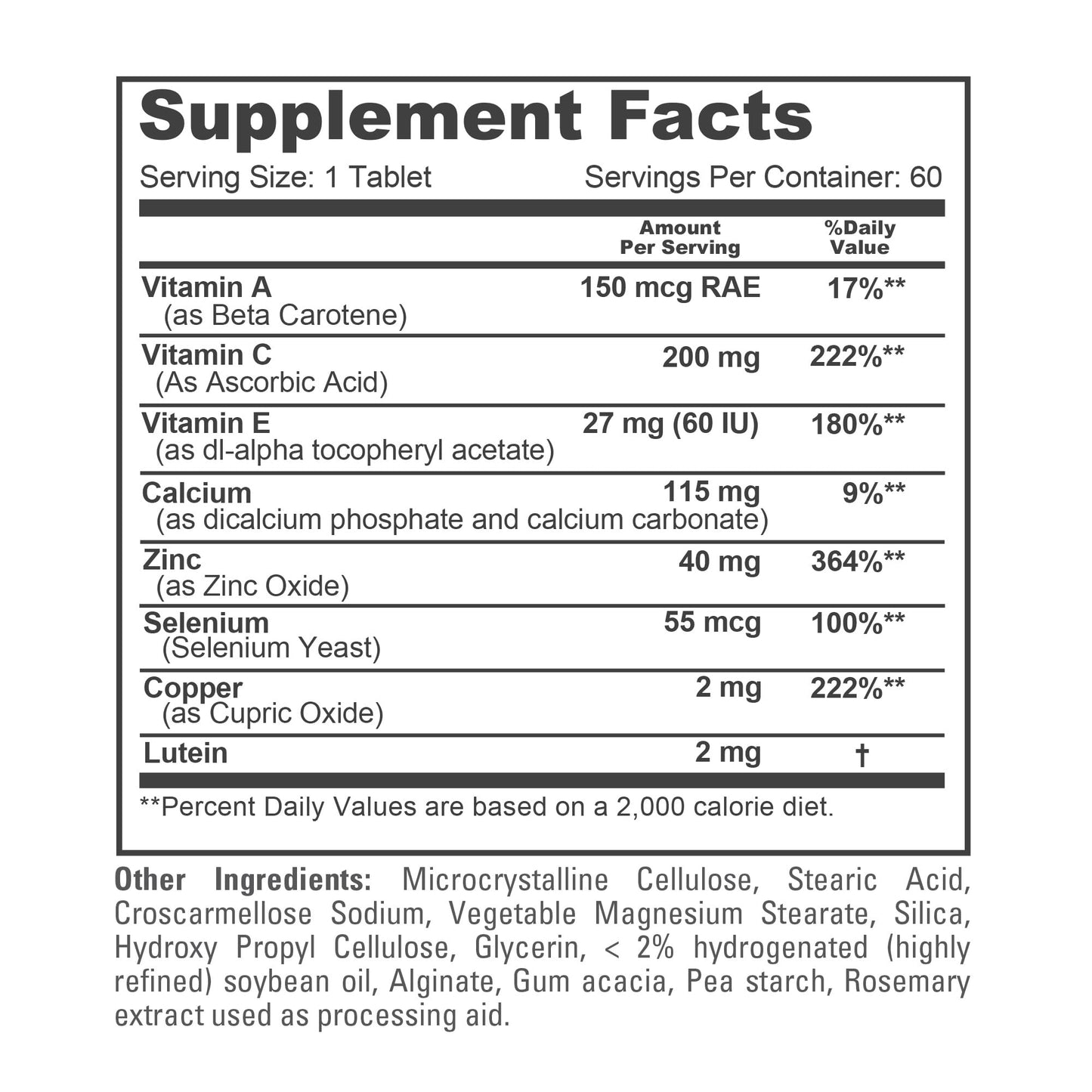 NusaPure Vision Support Nutrients with Vitamin A, C, E, Calcium, Zinc, Selenium, Copper, Lutein Tablets, 60 Tablets