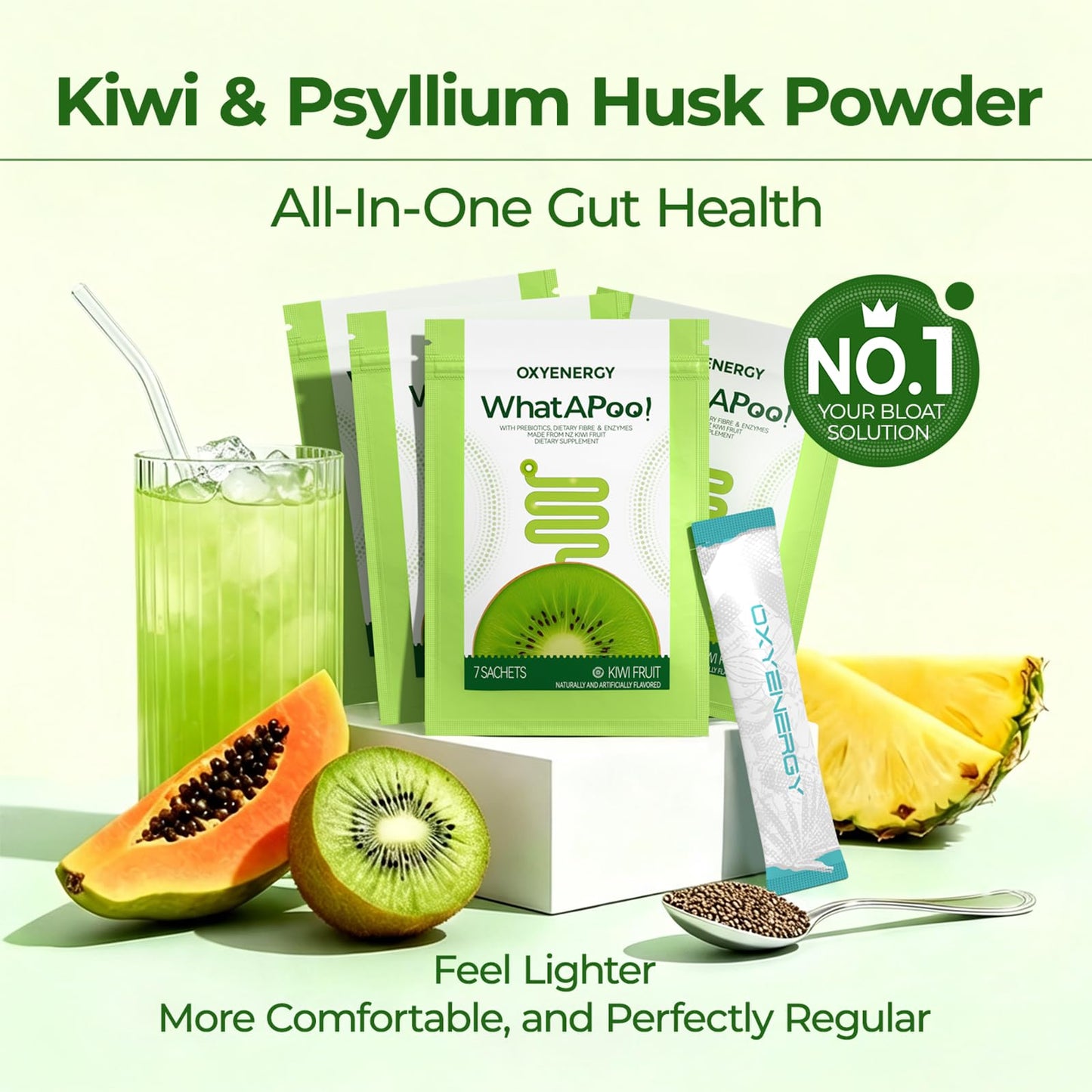 OxyEnergy Psyllium Husk Powder Organic Fiber Supplement Kiwi Flavored 30 Packets