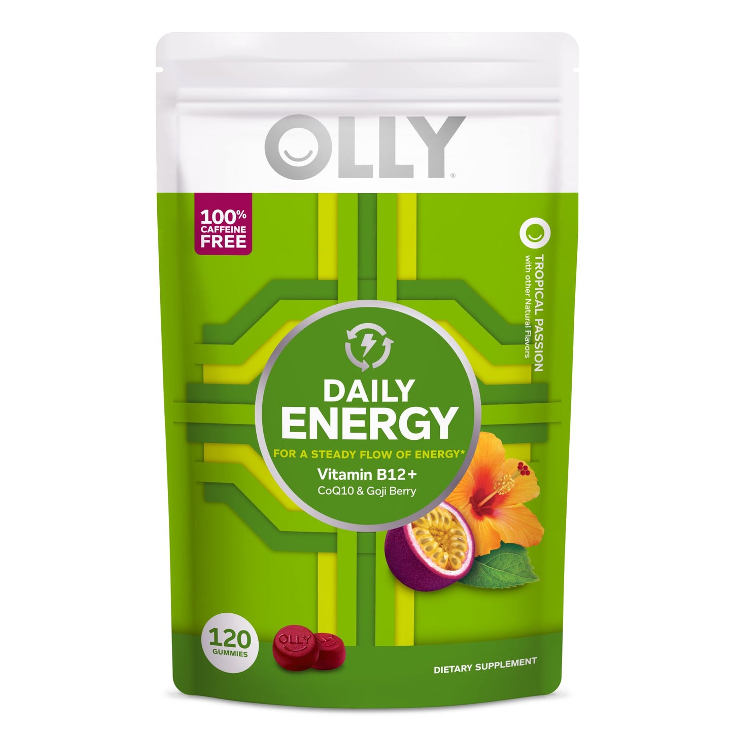 OLLY Daily Energy Gummy, Caffeine Free, Vitamin B12, CoQ10, Goji Berry, Adult Chewable Supplement, Tropical Flavor, 120 Count