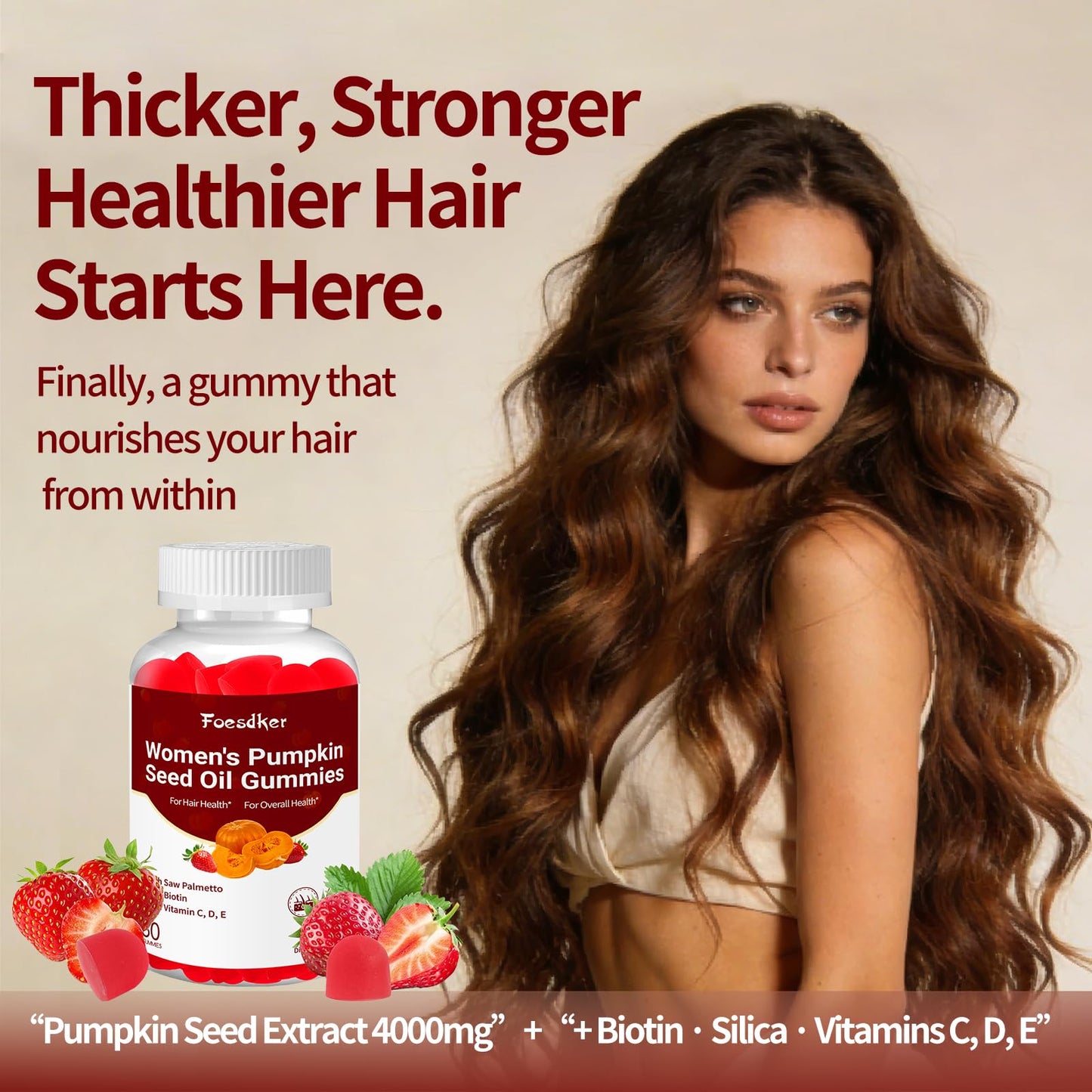 Foesdker Women's Hair Health Pumpkin Seed Oil Gummies with Saw Palmetto, Biotin, Vitamin C, D, E for Hair & Skin & Daily Overall Health, Strawberry Flavor, 60 Count