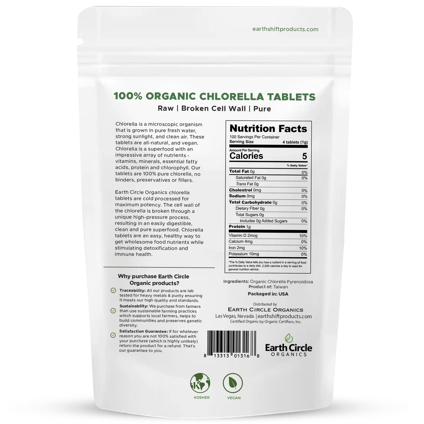 Earth Circle Organics Organic Chlorella Tablets 400 Count