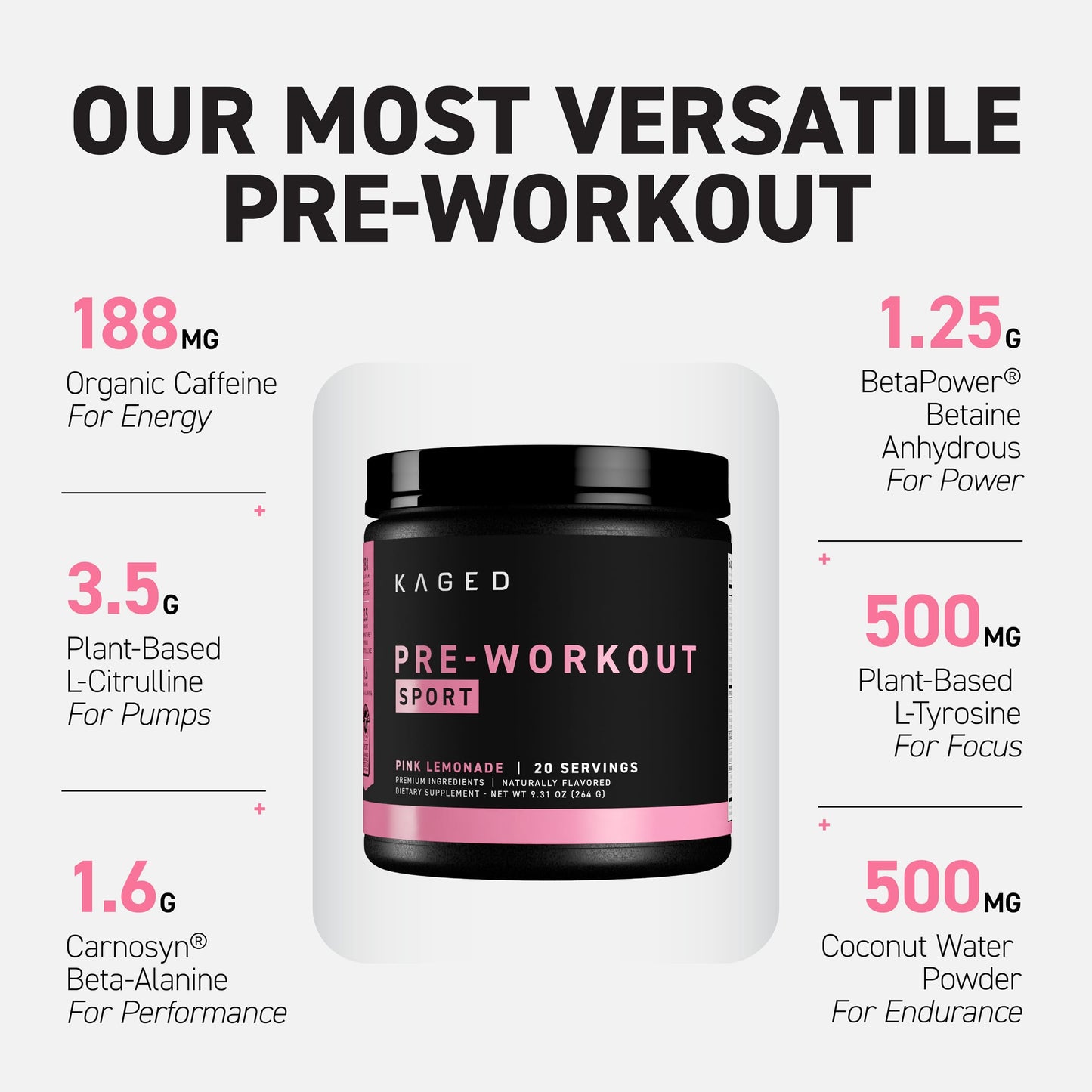 Kaged Sport Pre Workout Powder for Men & Women, Pink Lemonade, 11 oz