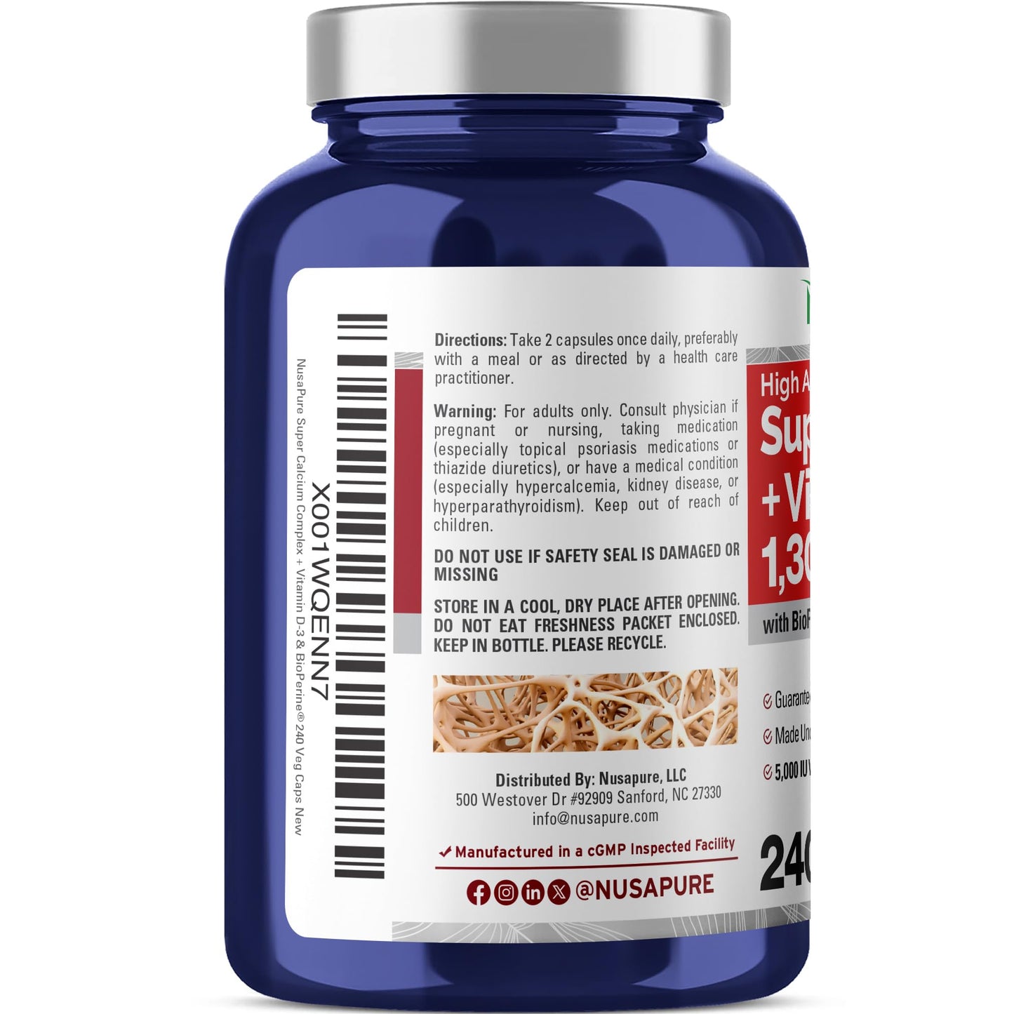 NusaPure Super Calcium with Vitamin D3 Non GMO 1300 mg, 240 Capsules