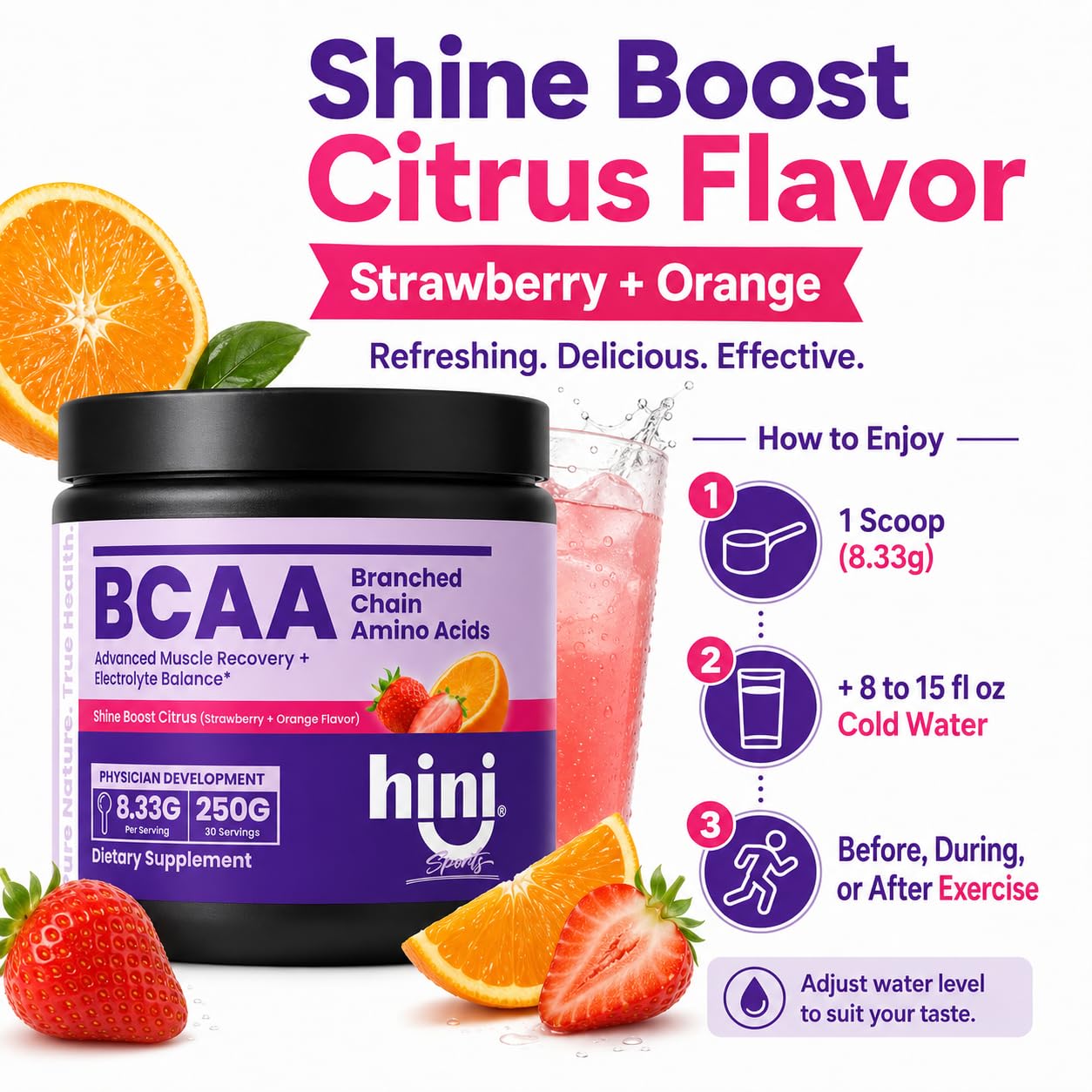HINI BCAA Powder 6000mg BCAA Blend with Electrolytes, L-Leucine, L-Isoleucine & L-Valine, Strawberry Orange Flavor, 250g, 30 Servings
