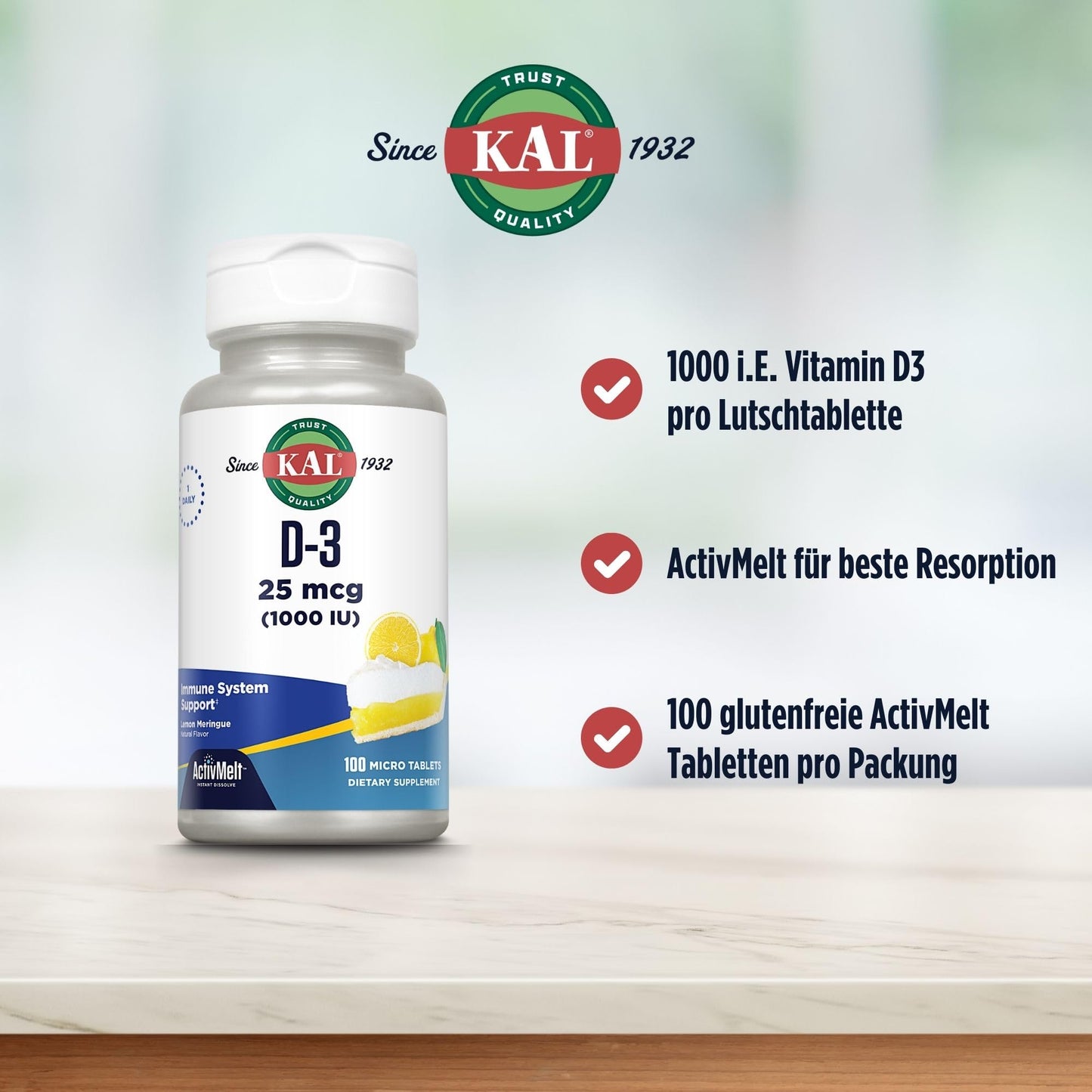 KAL Vitamin D-3 1000 IU Tablet, 100 Count
