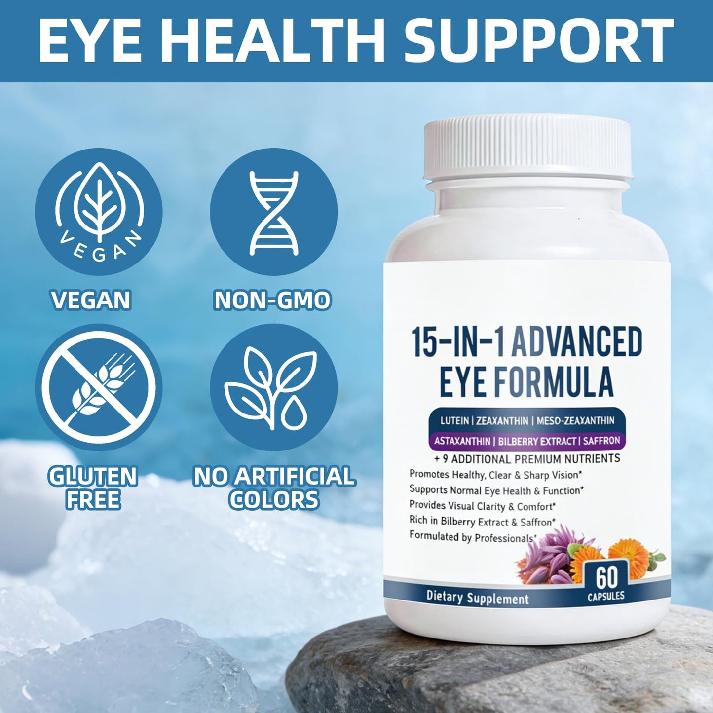 URMAX 15 in 1 Advanced Eye Formula Eye Vitamin and Mineral Supplement with Lutein, Zeaxanthin, Zinc & Bilberry Extract, Vision & Focus Support, 60 Capsules