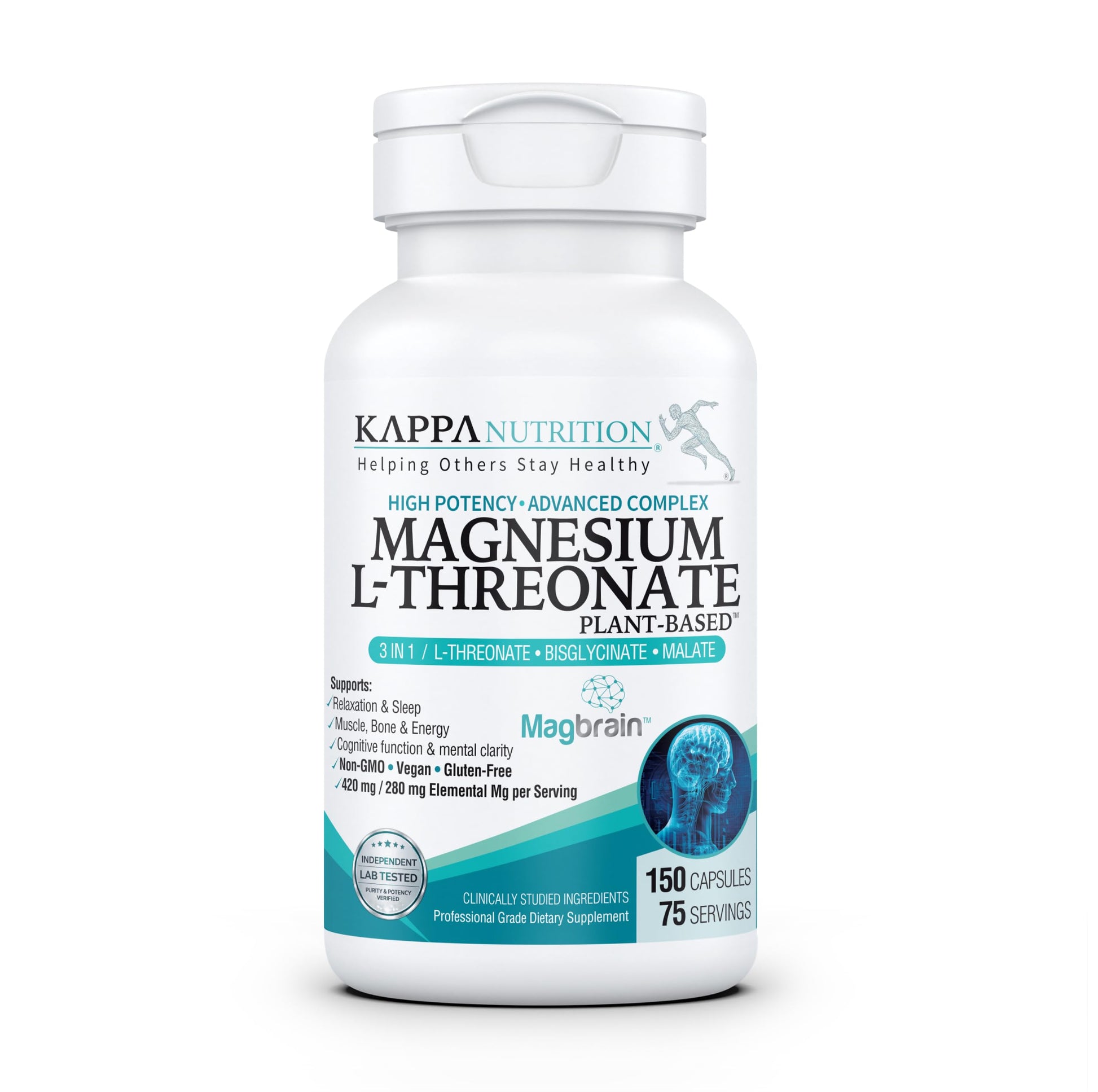 KAPPA NUTRITION Magnesium L-Threonate Plant-Based 3 in 1 Powered by MagBrain, Magnesium Bisglycinate & Magnesium Malate, Up to 420 mg Elemental Magnesium, 150 Vegan Capsules