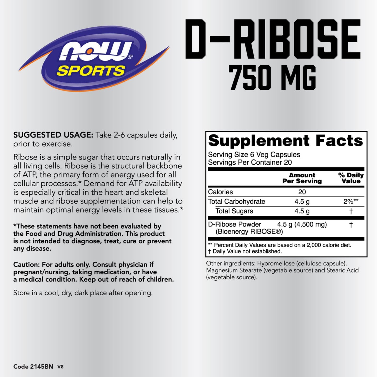 NOW Foods D-RIBOSE 750mg Capsules 600
