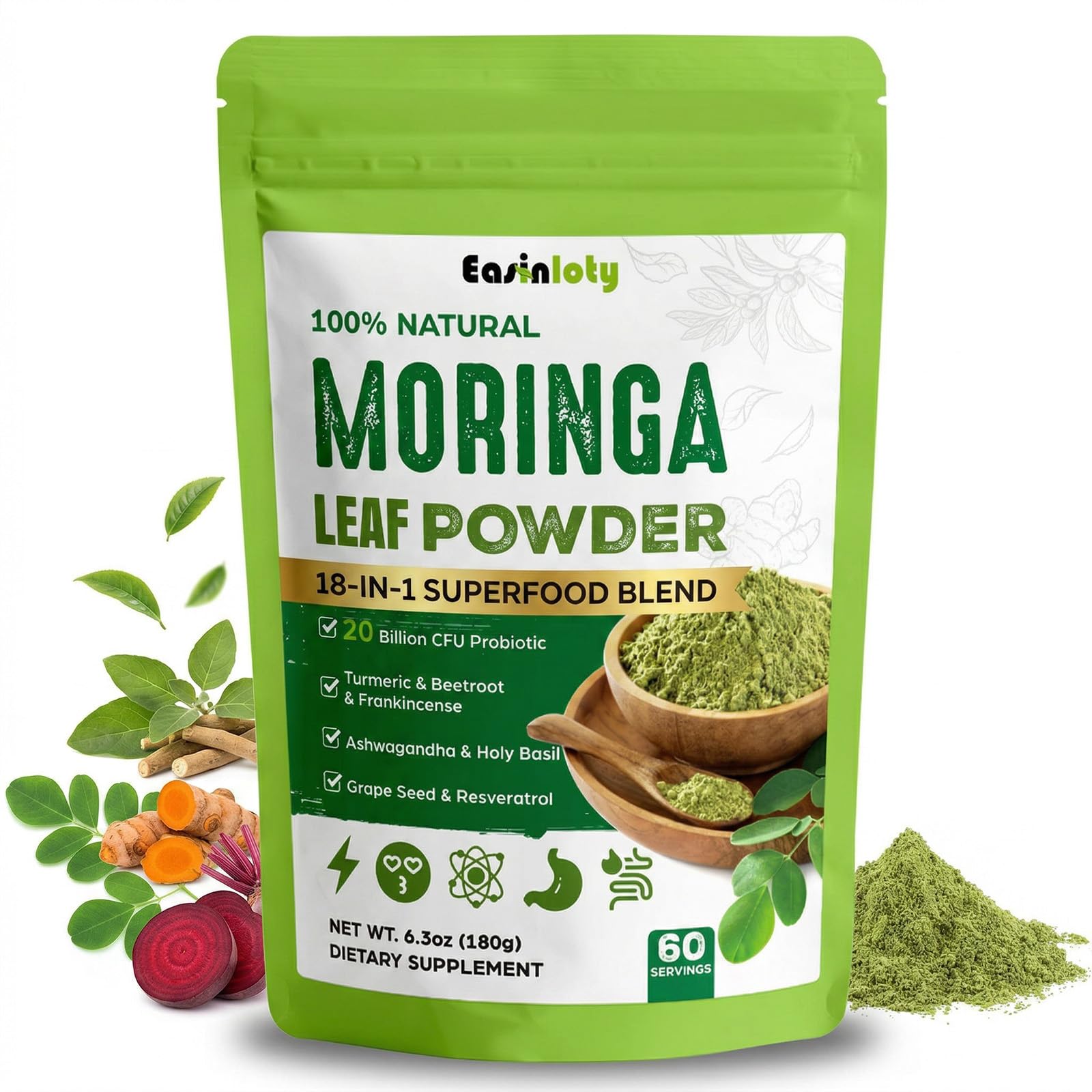 Easinloty Moringa Powder Organic 2000mg with Ashwagandha, Turmeric, 20B CFU Probiotic, 6.3 oz