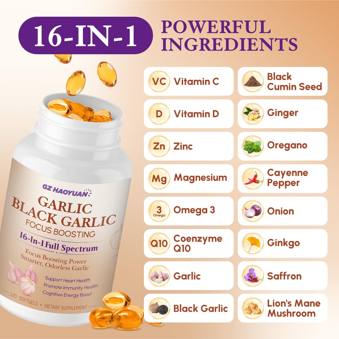 GZ HAOYUAN Odorless Garlic & Black Garlic Softgels 120 Count