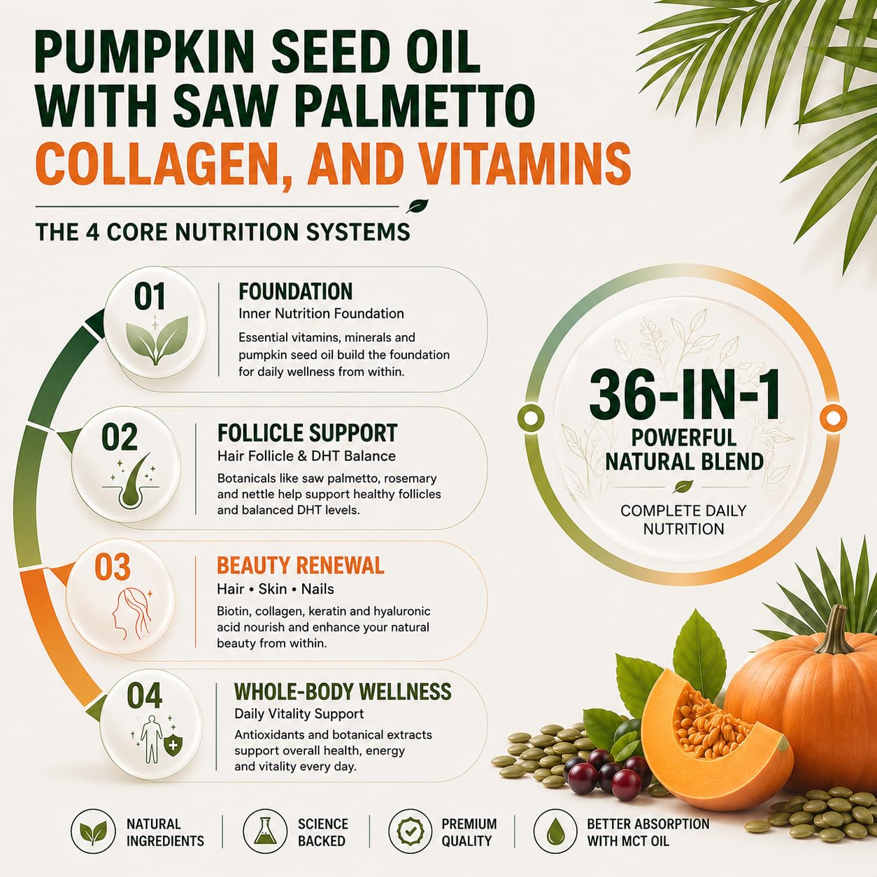 Dobeko Pumpkin Seed Oil Capsules with Organic Saw Palmetto for Women & Men, 36-in-1 Hair, Skin & Nails Supplement, 25,000 mcg Biotin, Collagen, Hair & DHT Support, 5400 mg Per Serving, MCT Oil, 300 CT