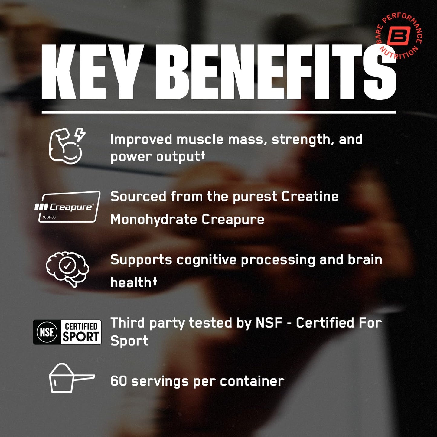 BARE PERFORMANCE NUTRITION BPN Pure Creatine Monohydrate Powder by Creapure, 60 Servings, 10.6 oz
