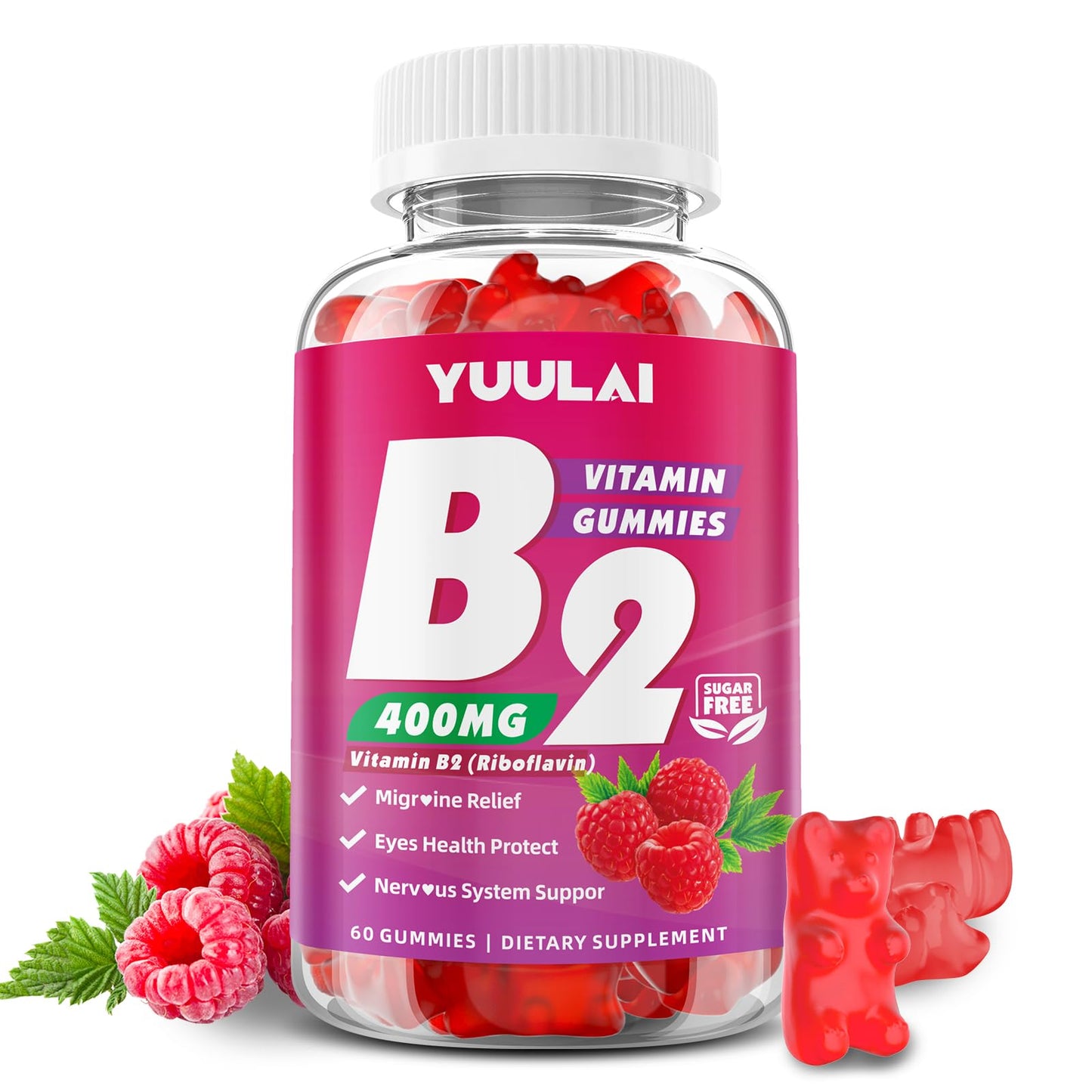 YUULAI Vitamin B2 Gummy 400mg, Riboflavin with Magnesium, 60 Count