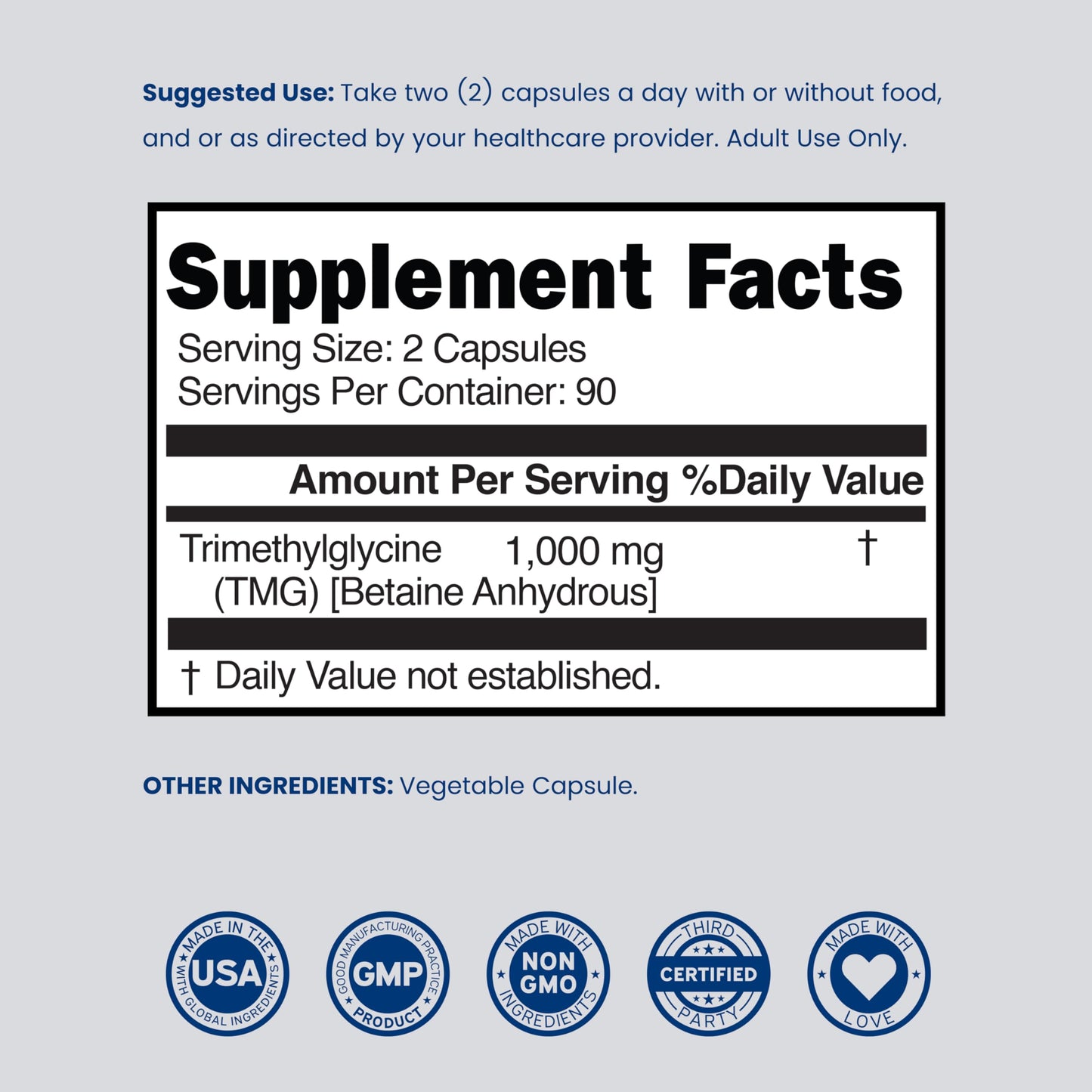 Dorado Nutrition TMG Trimethylglycine Supplement 1,000mg Capsule, 180 Count