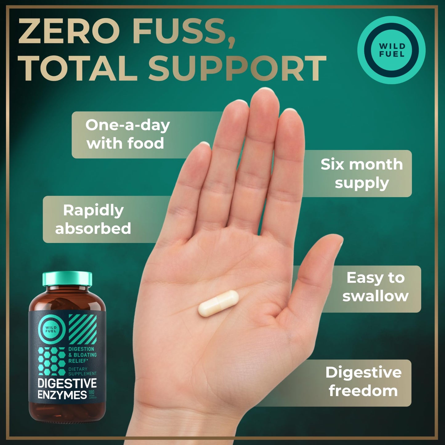 WILD FUEL Complete Digestive Enzymes for Women & Men - 800mg Vegan Digestive Enzymes with Probiotics & Prebiotics - Bloating Support, Gut Health & Digestion, 180 Capsules