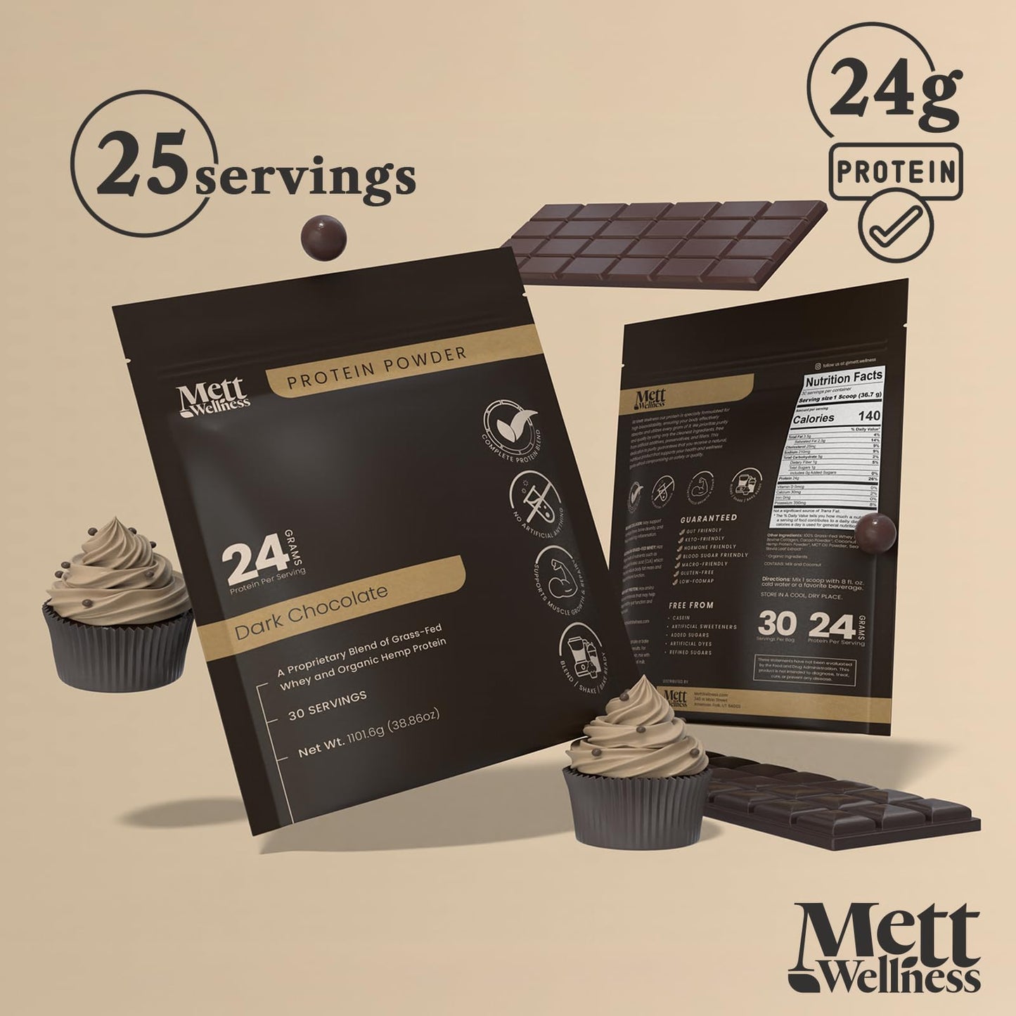 Mett Wellness Dark Chocolate Grass-Fed Whey + Hemp Heart Protein Powder with Bovine Collagen, 2.4 lb (30 Servings)
