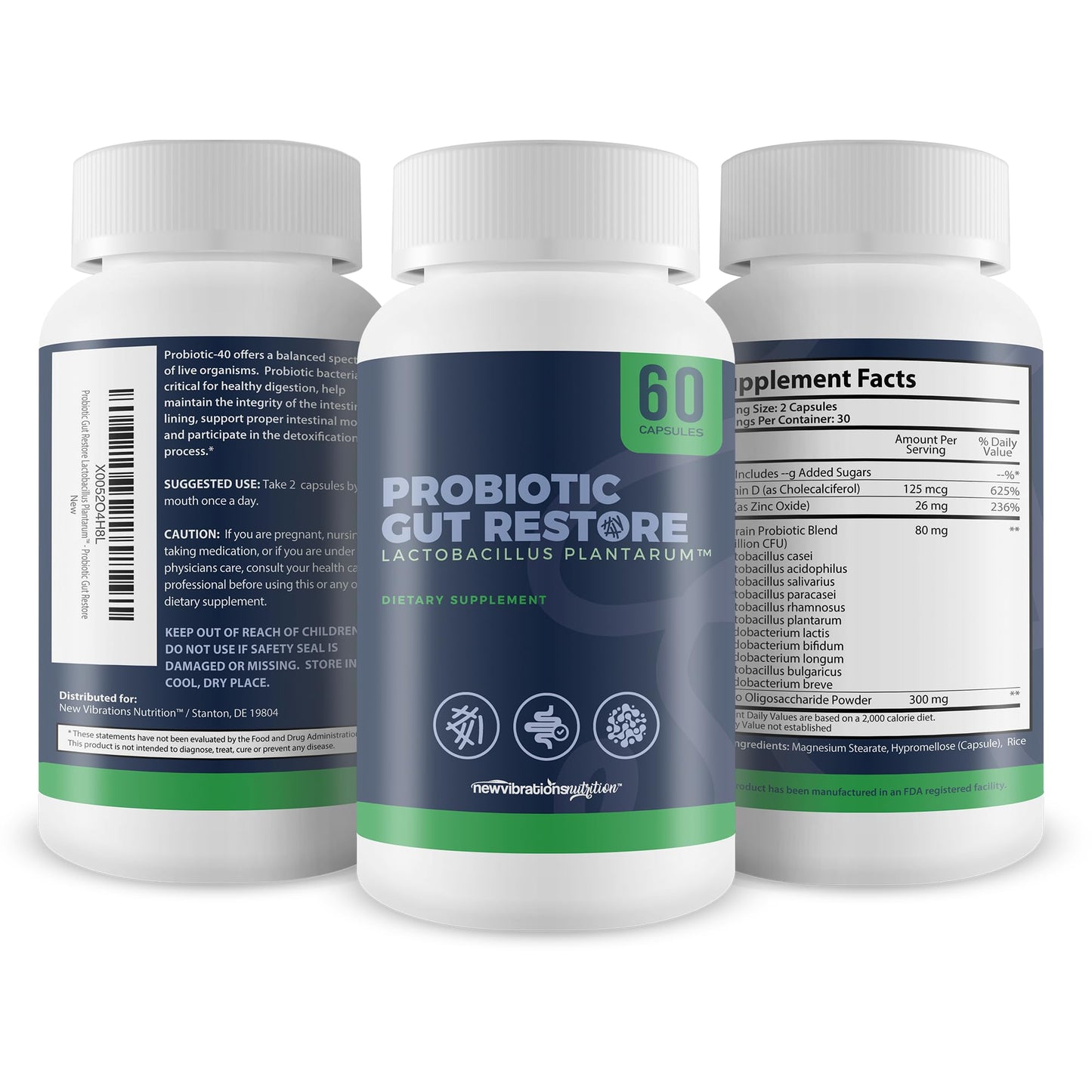 New Vibrations Nutrition Probiotic Gut Restore Lactobacillus Plantarum Capsules 60
