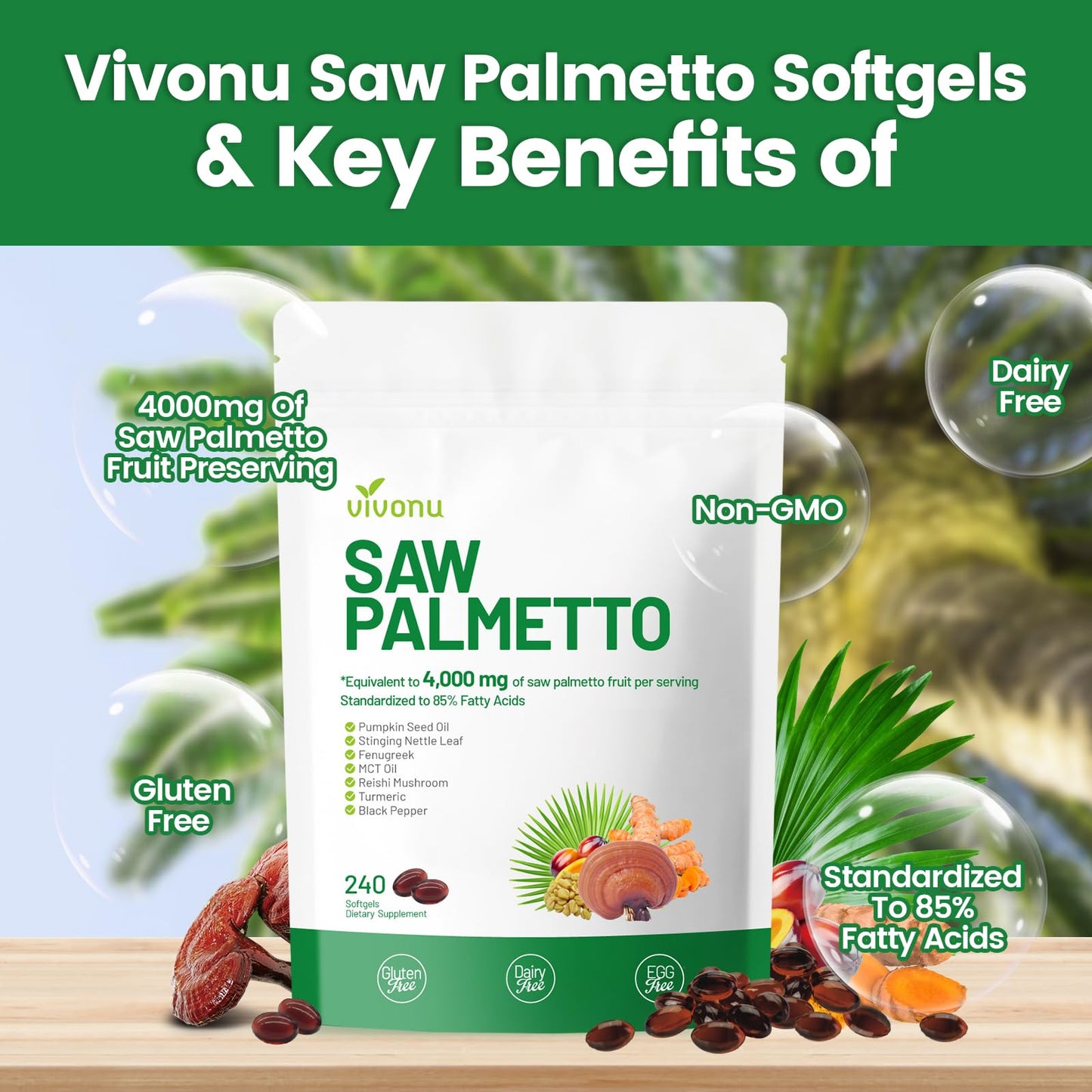 VivoNu Saw Palmetto Extract 8 in 1 with Pumpkin Seed Oil Capsules 240
