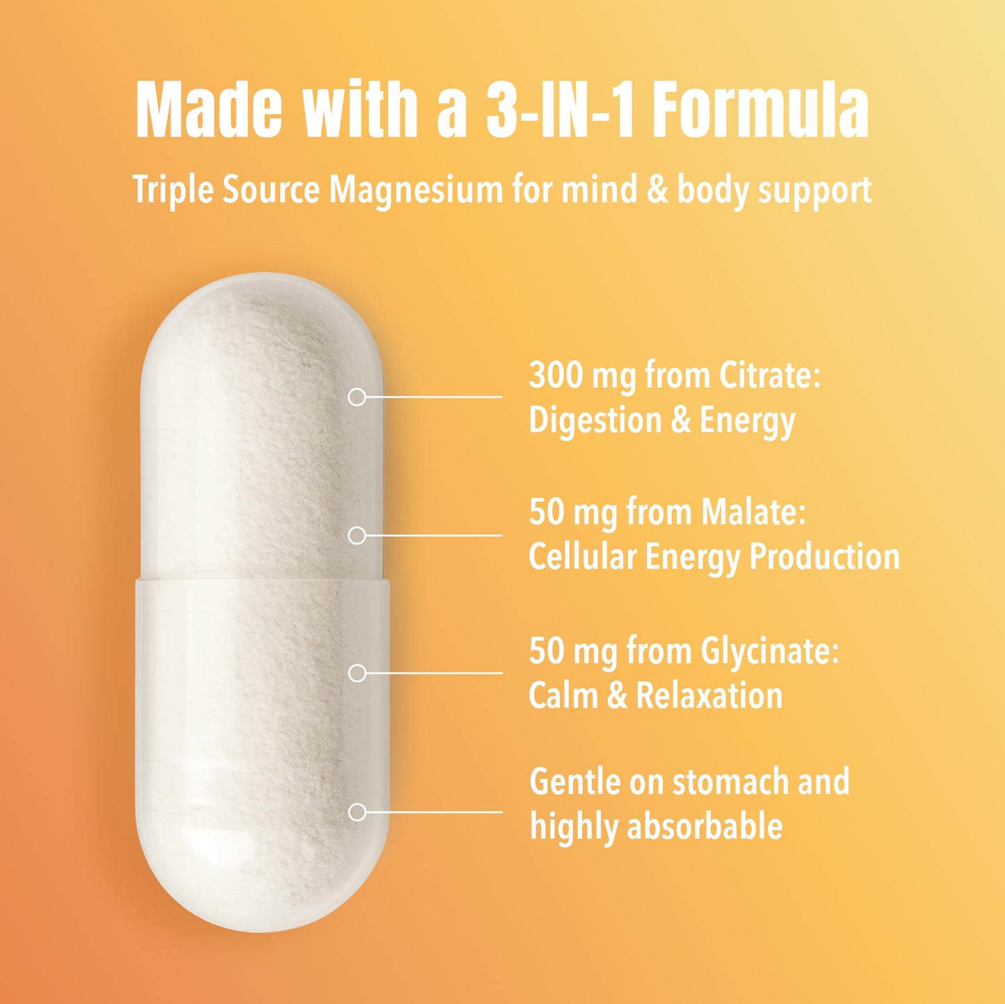 Oppuland Triple Magnesium Complex Supplement 400mg with Citrate, Malate & Glycinate Capsule 120 Count
