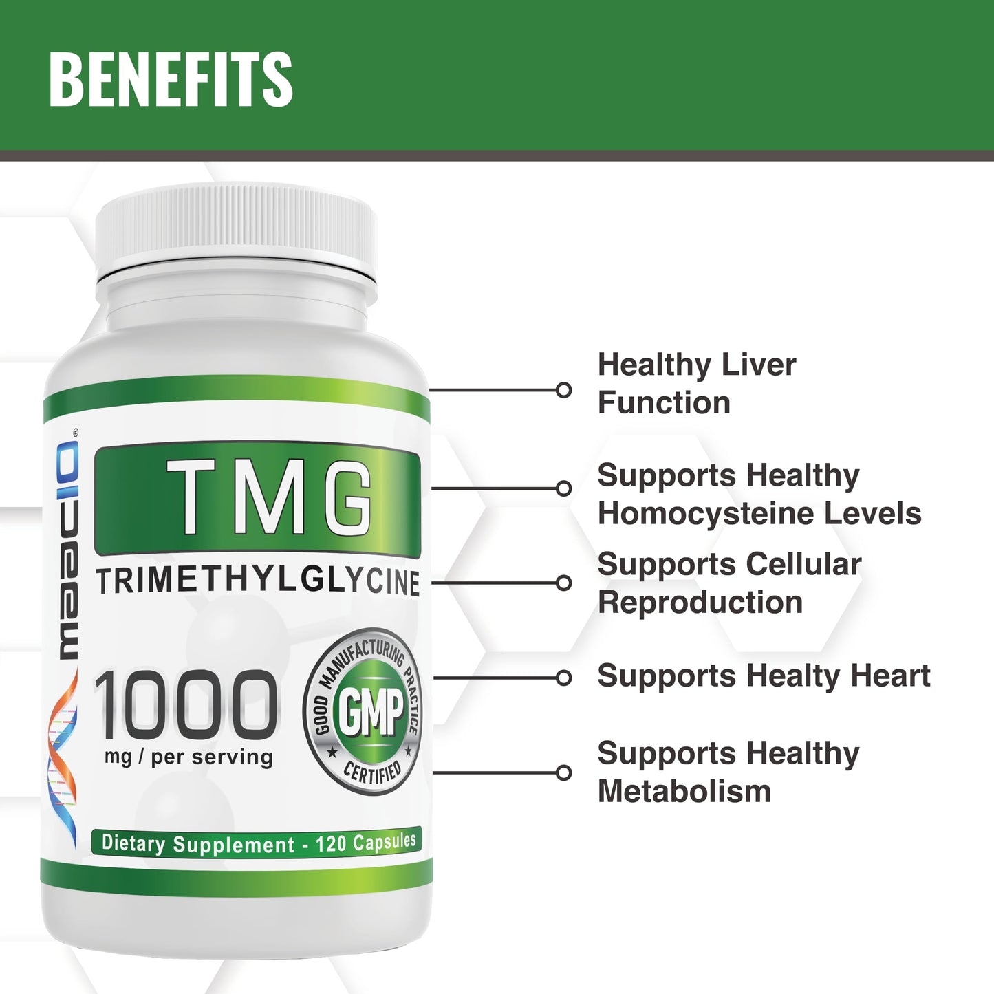 MAAC10 TMG 1000 mg NSF Certified Supplement for Healthy Aging, 120 Capsules