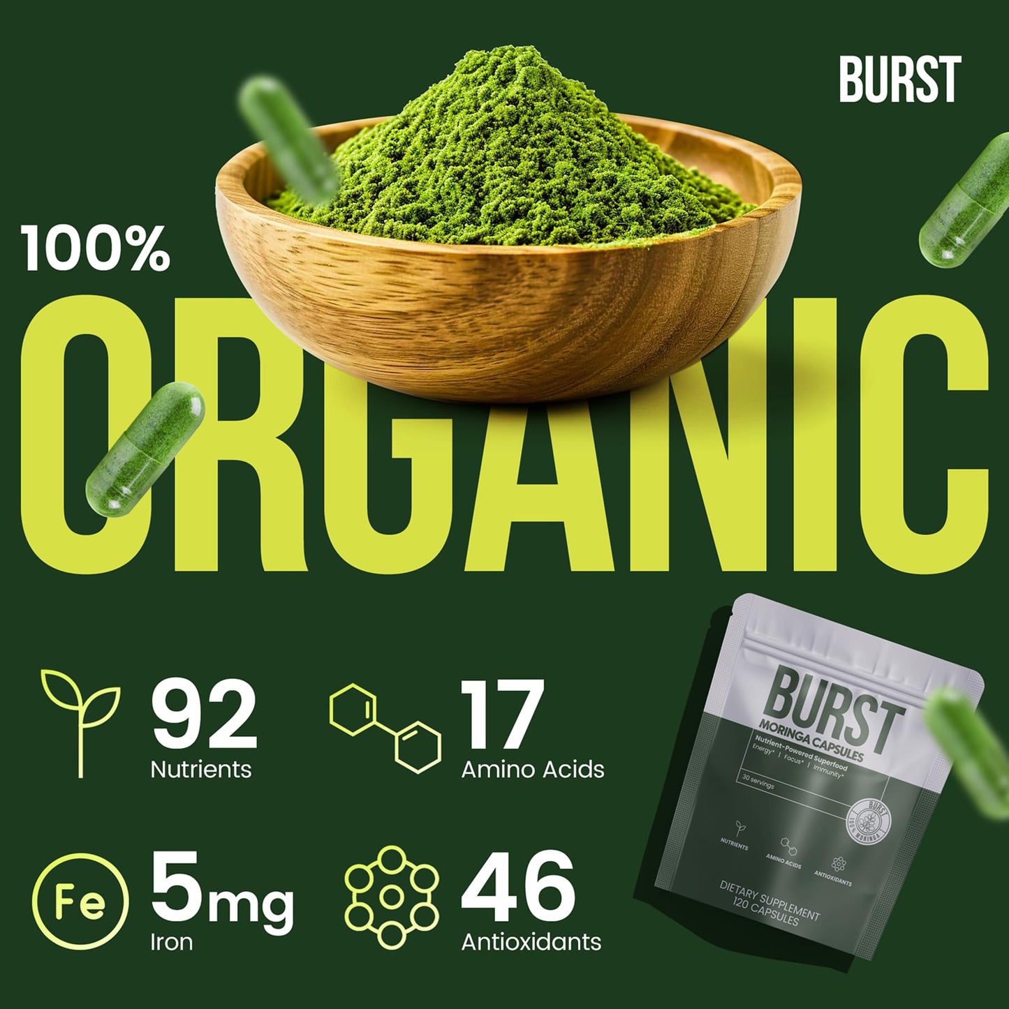 Moringa Burst Organic Moringa Leaf Capsules 120 Count