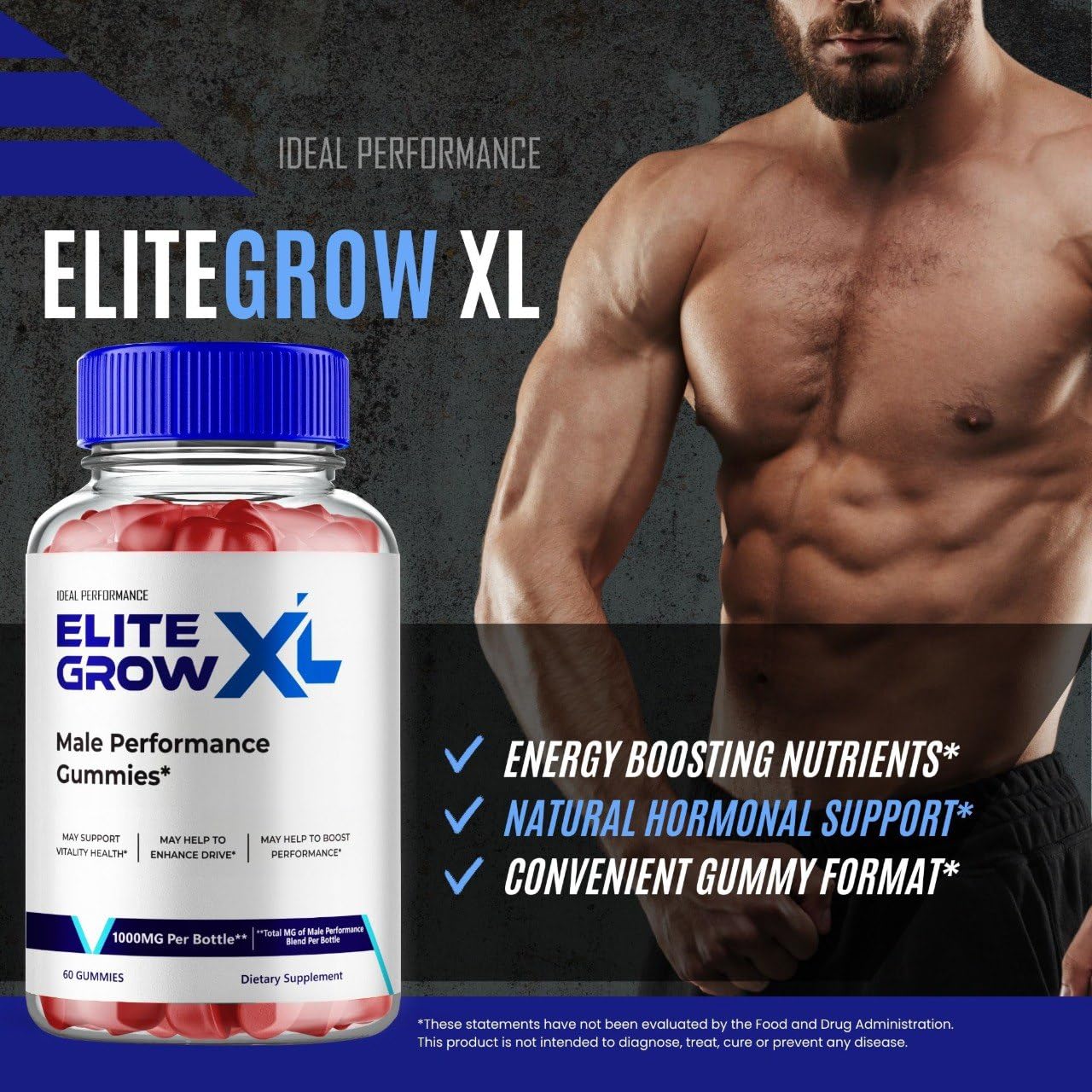 IDEAL PERFORMANCE Elite Grow XL Gummies – Maximum Strength Performance Supplement for Men, All-Natural Gummies to Support Stamina, Endurance and Energy, 60 Gummies