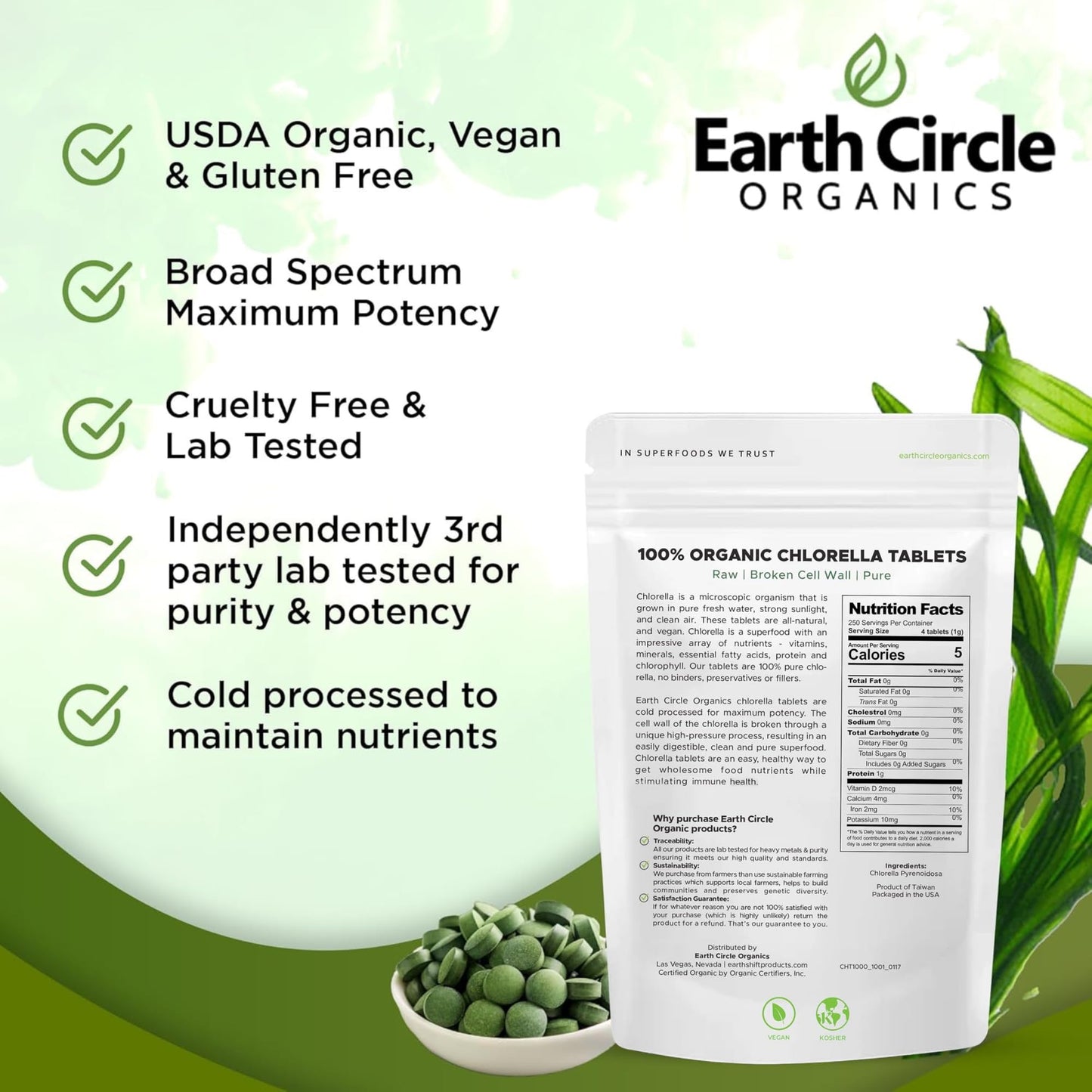 Earth Circle Organics Organic Chlorella Tablets 1000 Tablets