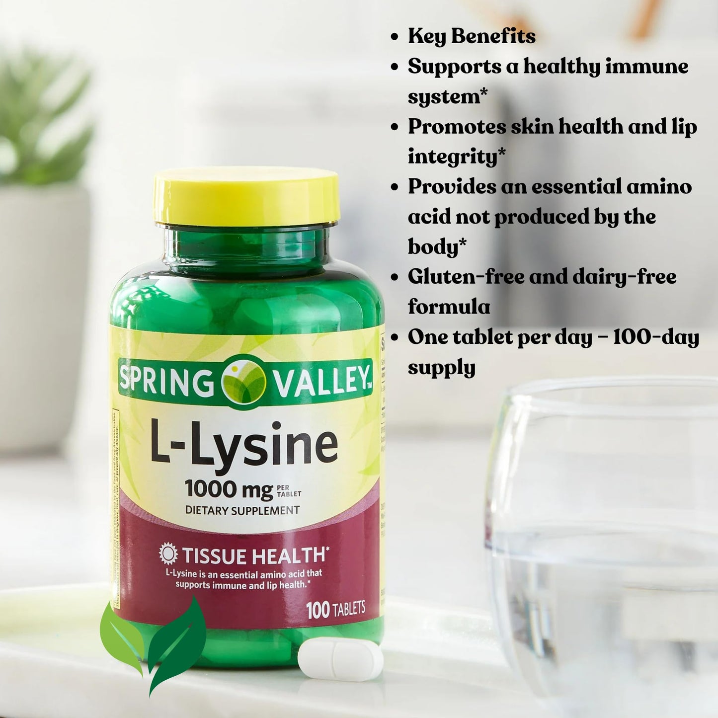 Generic L-Lysine 1000mg Tablets – Essential Amino Acid for Immune Support, Collagen Formation, and Skin Health – High-Potency Lysine Supplement, 100 Count