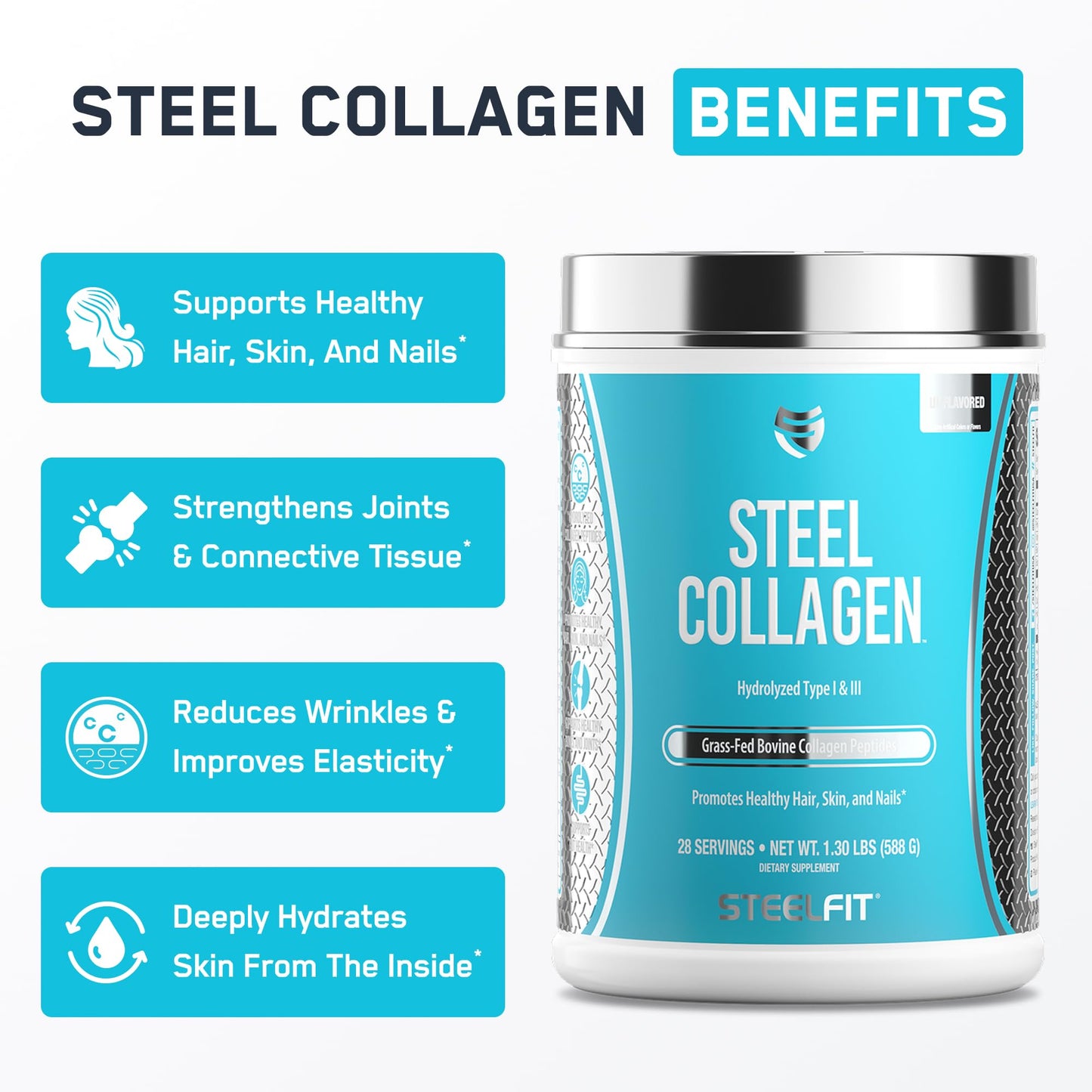 SteelFit Grass-Fed Collagen Peptides Powder, 20.8 oz
