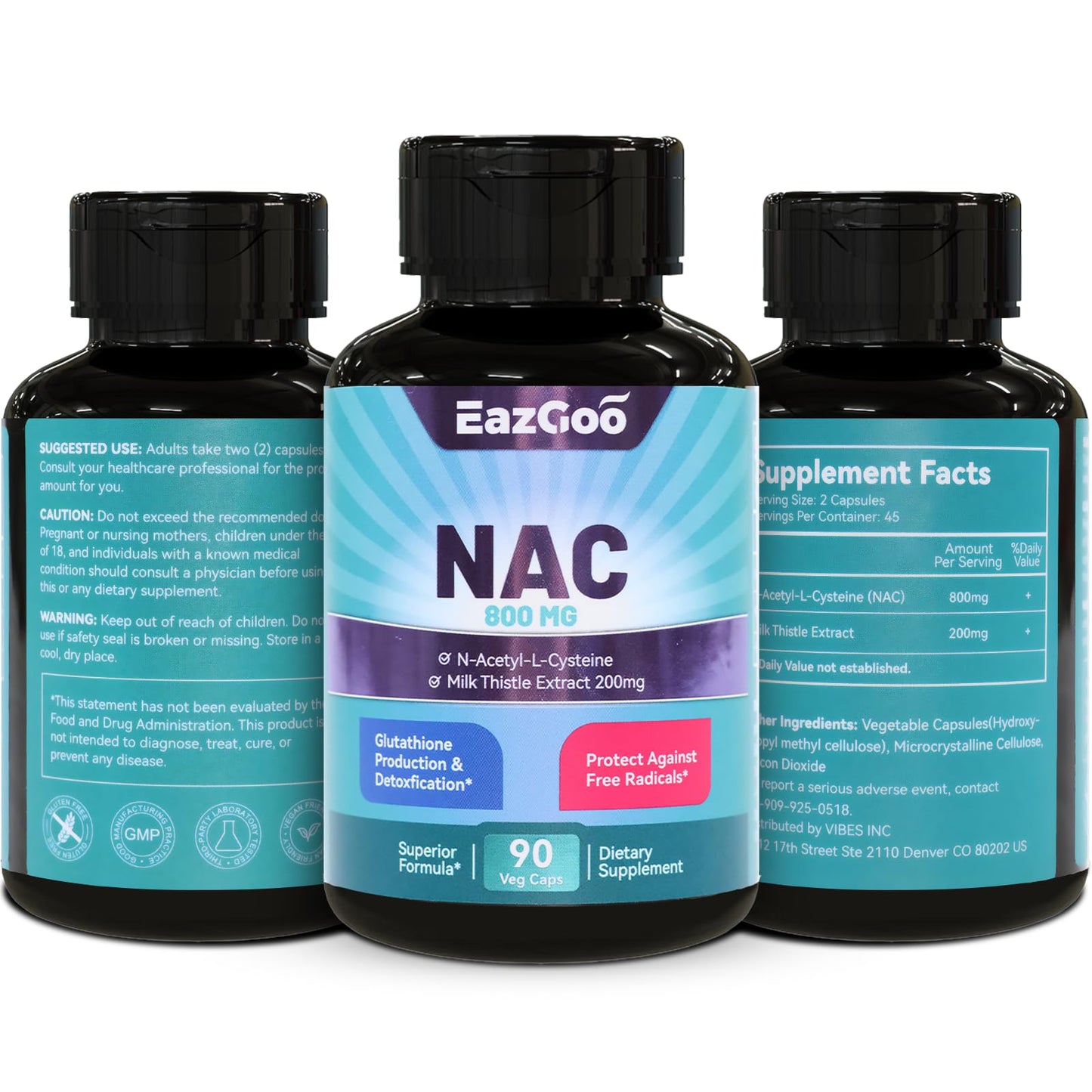 EAZGOO NAC (N-Acetyl Cysteine) Capsules 800mg with Milk Thistle 200mg, Antioxidant Support, Vegan, GMOs-Free, 90 Capsules