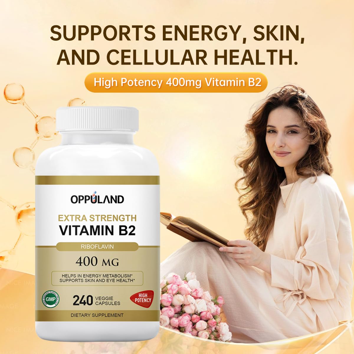 Oppuland Riboflavin Vitamin B2 Supplement 400 mg Capsules, 240 Count