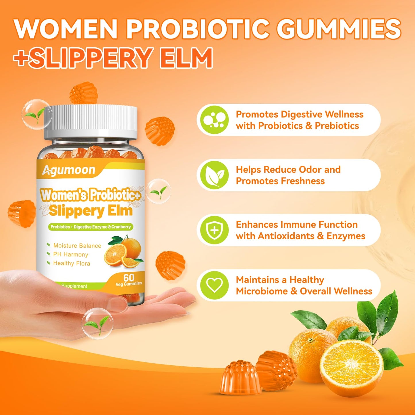 Agumoon Probiotic Gummies with Cranberry, Slippery Elm for Women, 60 Count