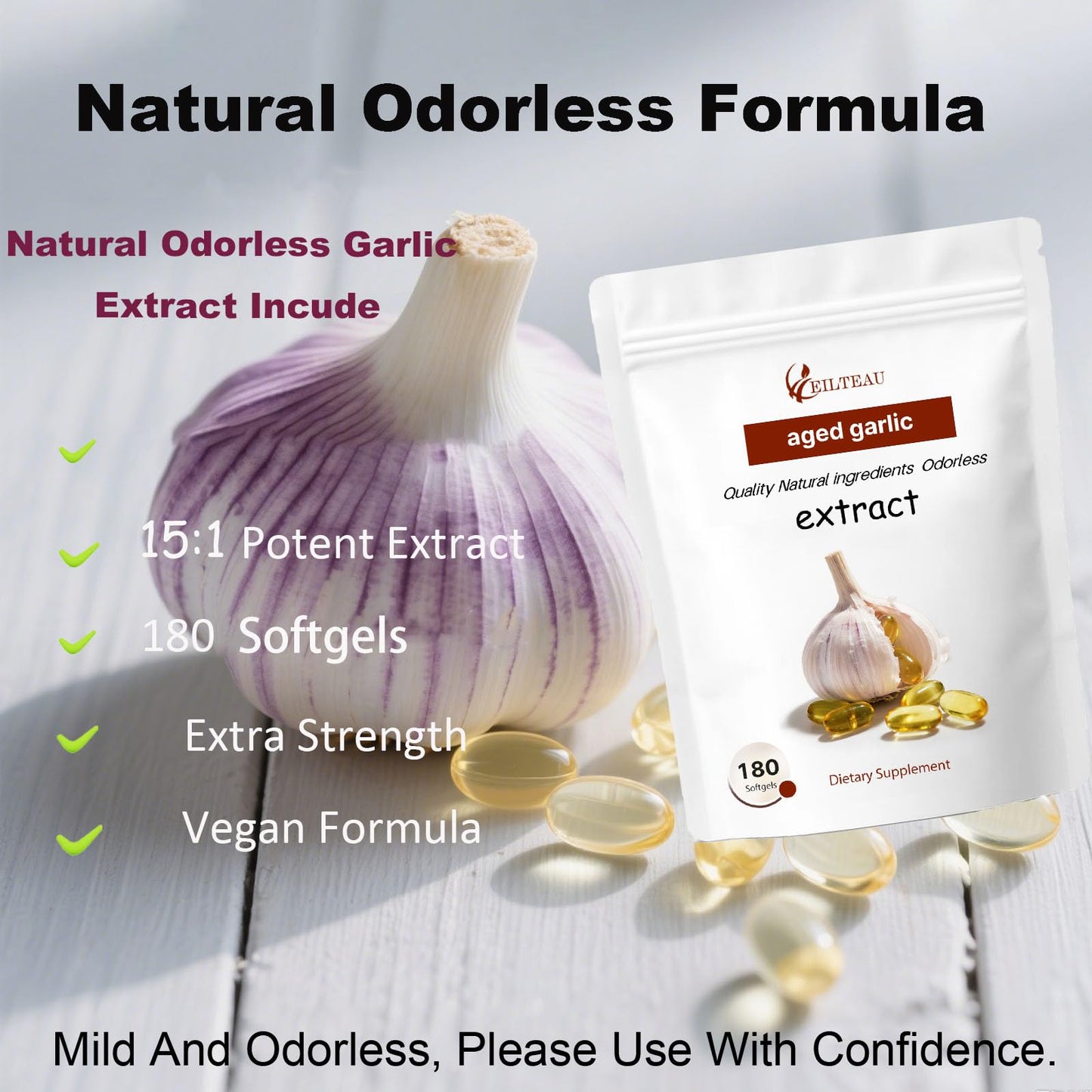 EILTEAU Aged Garlic Extract Odorless Softgels 180 Count